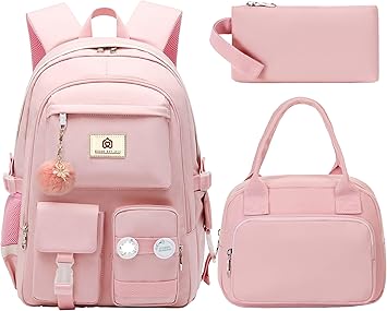 Hidds School Backpack for Teen Girls Women College Laptop Backpacks Kids Cute Bookbag Set with Lunch Box Pencil Case Elementary Middle High Campus Bag 3 Pcs Students Bookbags Sets Travel Daypack-Pink