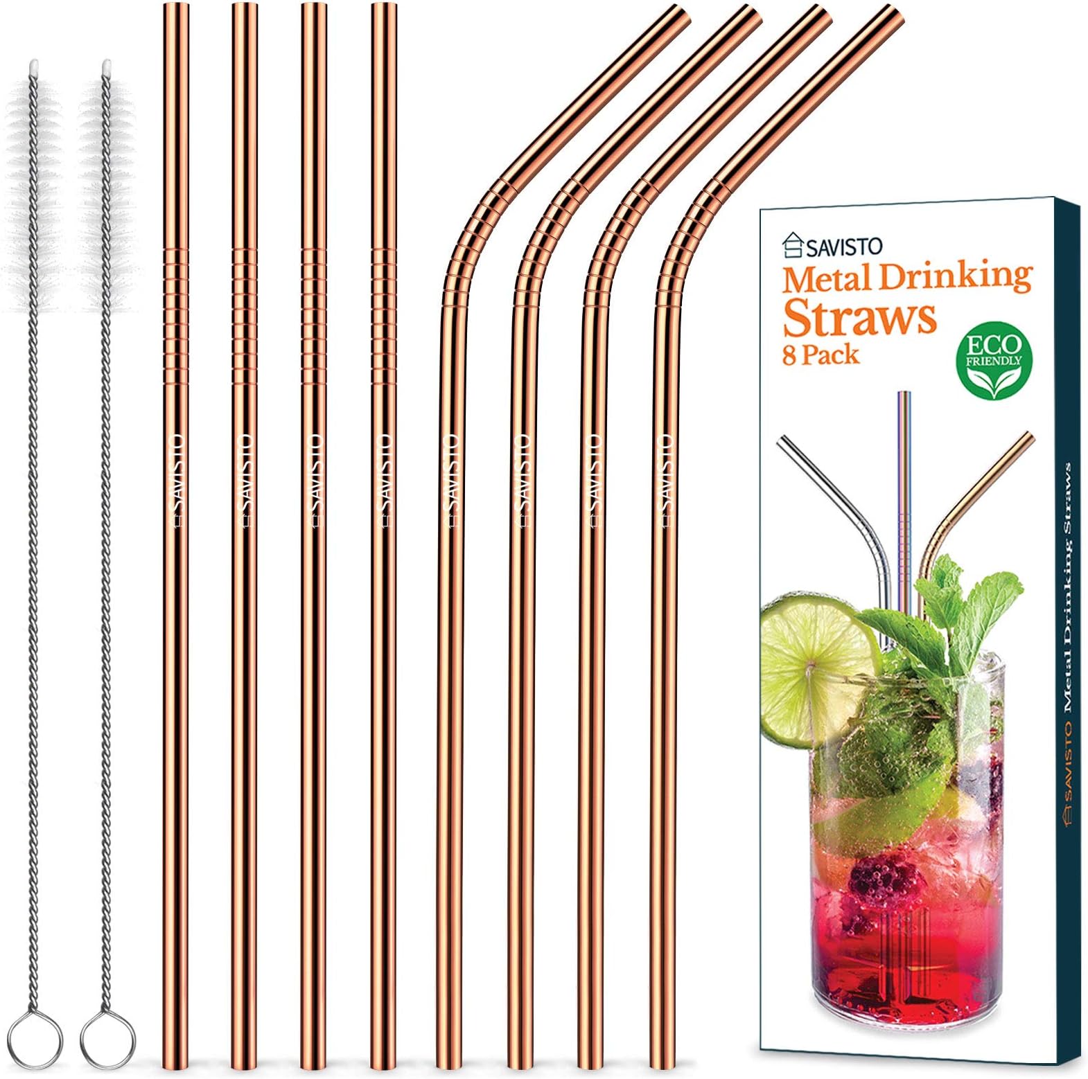 Savisto Reusable Straw Set (8 Pack) Eco Friendly, BPA-Free Metal Straw Pack, Includes 4x Straight & 4x Angled Stainless Steel Straws & 2 Cleaning Brushes for Cocktails, Smoothies & More – Copper