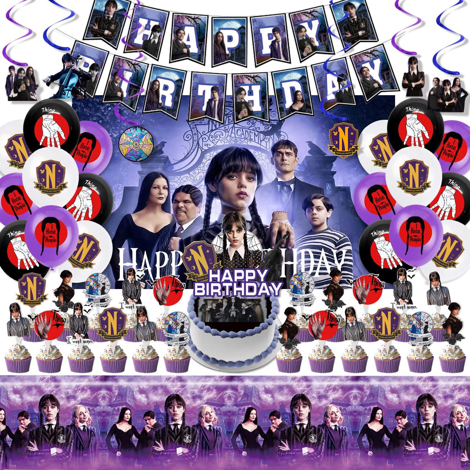Wednesday New Addams Party Decorations, Birthday Party Supplies Set Include Banner, Backdrop, Balloons, Hanging Swirls, Cake Cupcake Toppers, Tablecloth for Girls Boys Wednesday New Addams Party