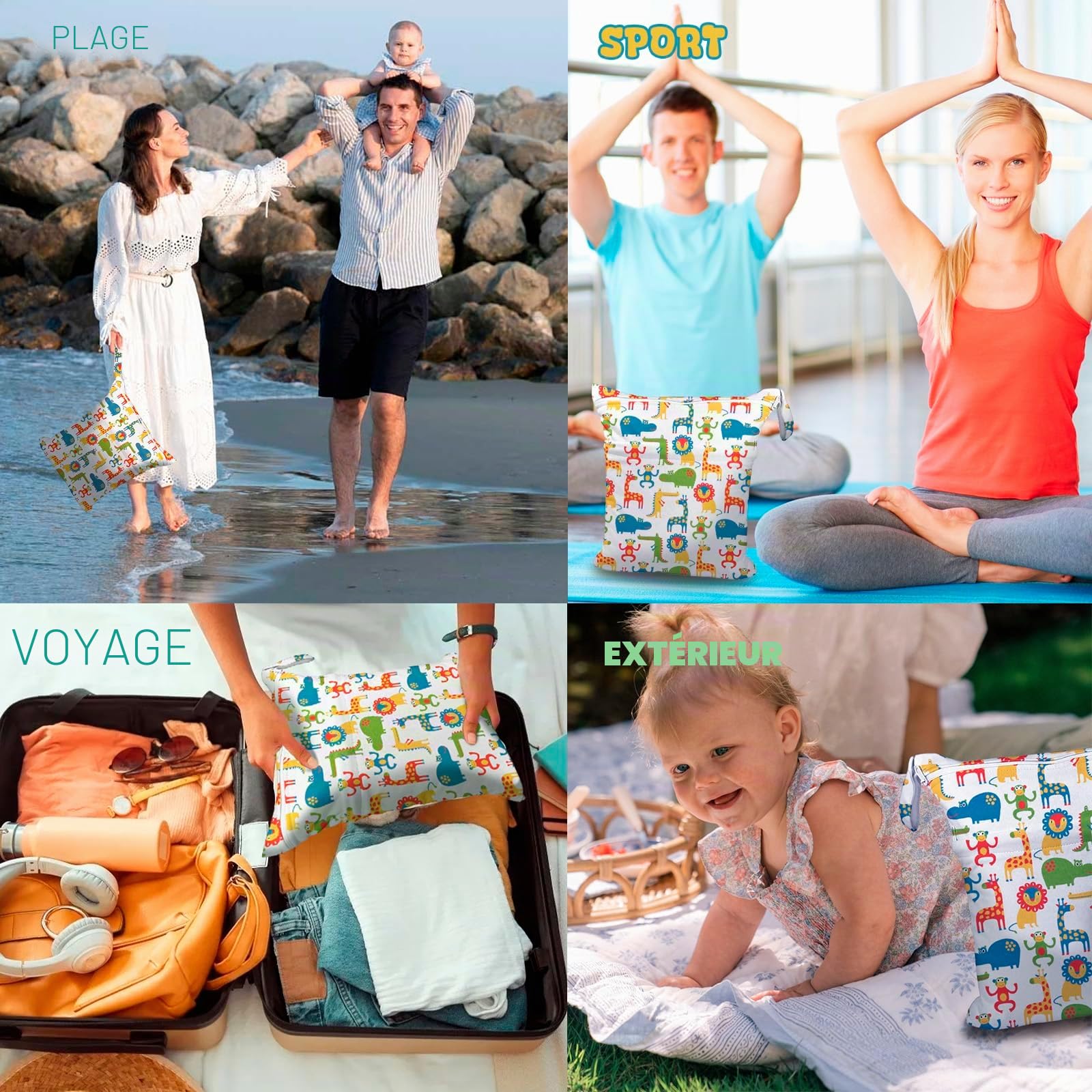 ROELLY Sac a Couches Bebe Lavable 2 Pièces, Sac Linge Sale Voyage,Pochette Humide et Sèche Réutilisable Écologique, Petits Animaux Mignons