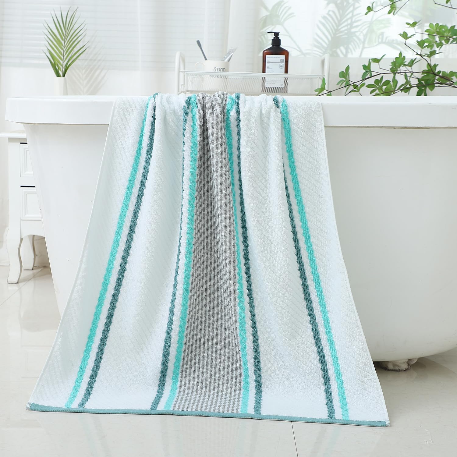 Pidada Bath Towel Striped Pattern 100% Cotton Soft Absorbent Decorative Towel for Bathroom (Green) - Image 7