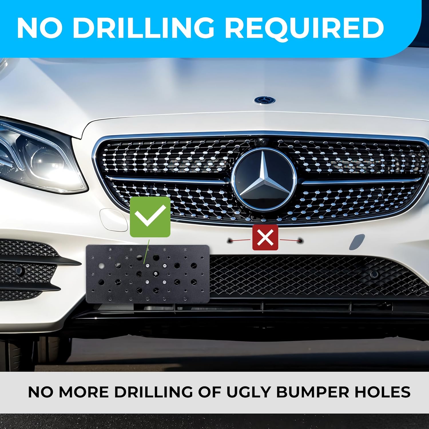 Front Bumper Tow Hook License Plate Mount Bracket for Mercedes , Plate Holder Set w Unique Screw Bolts & Black Screw Caps, License Tag Mounting Kit, Quality Plate Holders, Premium Car Accessories