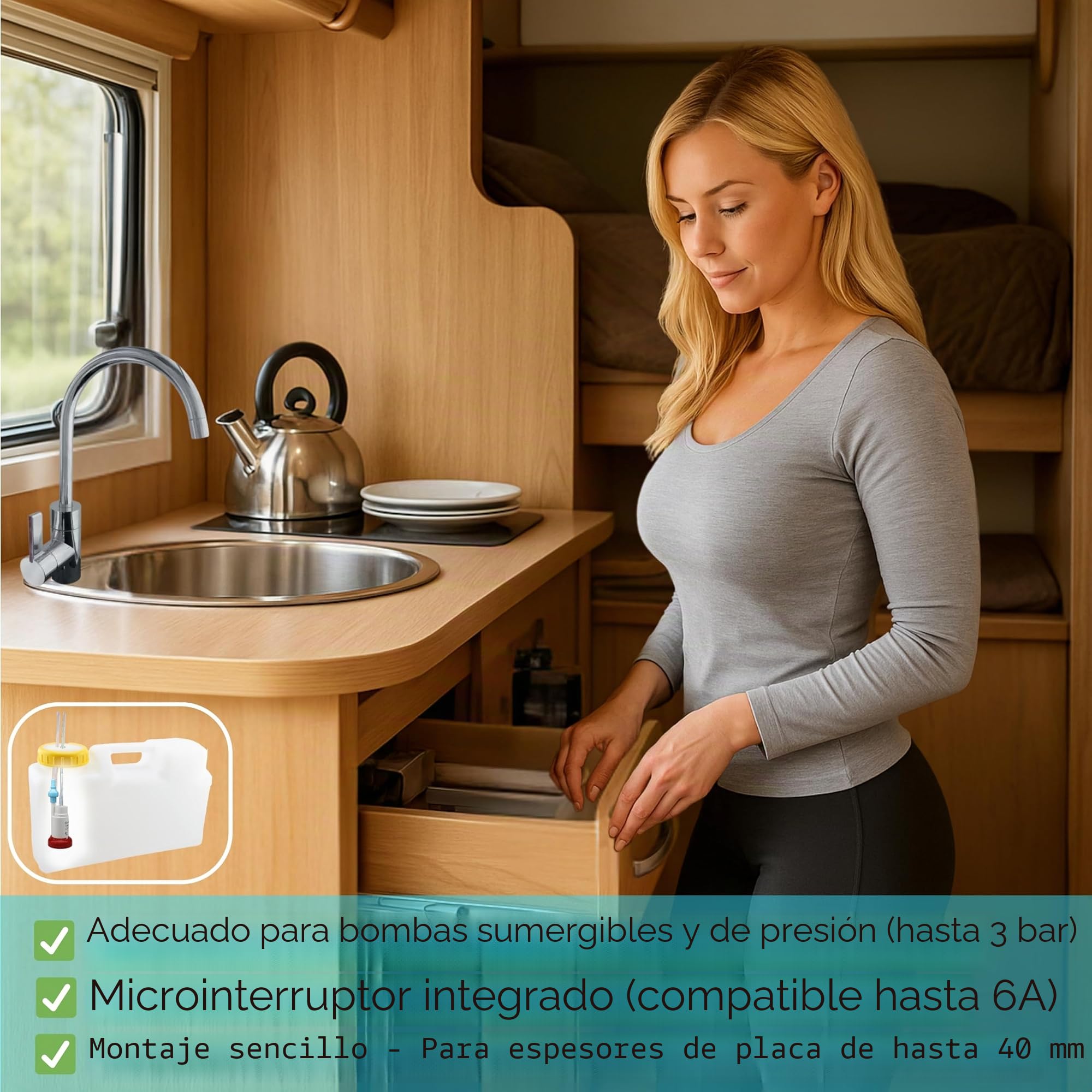 Comet Lucca - Grifo monomando para caravana (12 V, cromo, con microinterruptor, giratorio 360°, para autocaravanas y barcos)