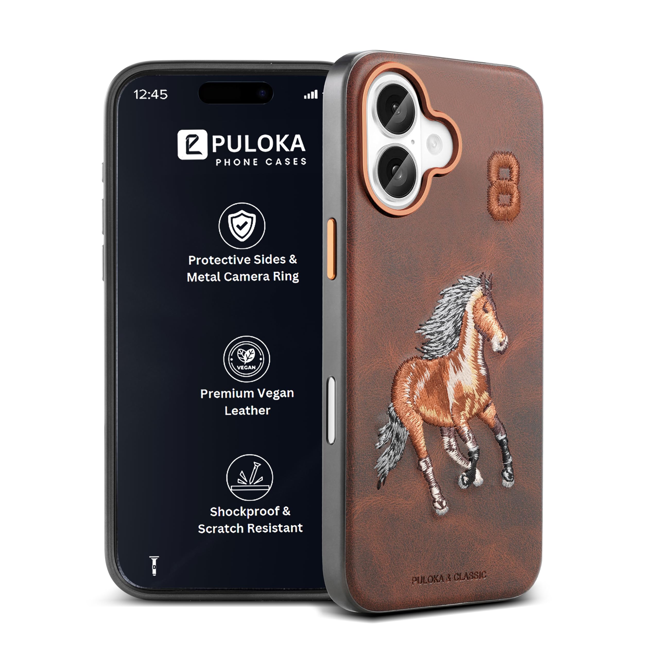 PULOKA - Mobile Cover Compatible for iPhone 16 - Horse Embroidery - Sleek & Stylish - Protective & Anti Scratch Phone Cover Vegan Leather Back Case - Men & Women - Santa Barbara Polo (Brown)