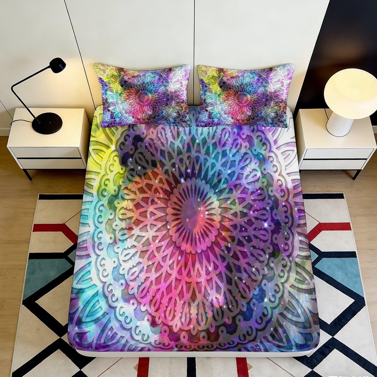 3D Printed Mandala Rainbow Fitted Sheet Microfiber Soft Bedroom Decor Psychedelic Pattern Mattress Cover Anti-Slip Washable 180x200x25cm