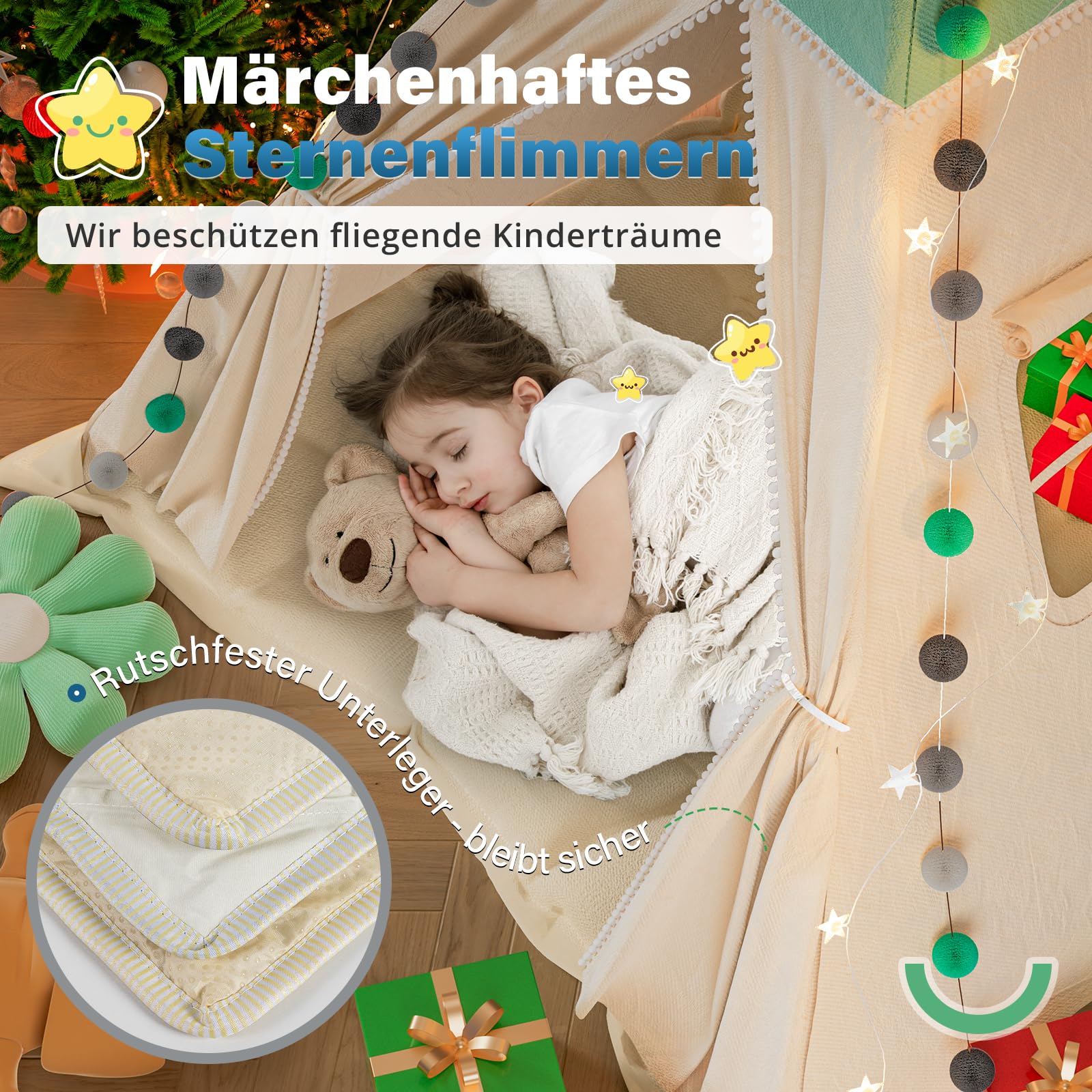 Tipi tenda per bambini, tenda da gioco con coperta imbottita, catena luminosa, borsa per il trasporto, stile Montessori, per bambini, colore: verde chiaro