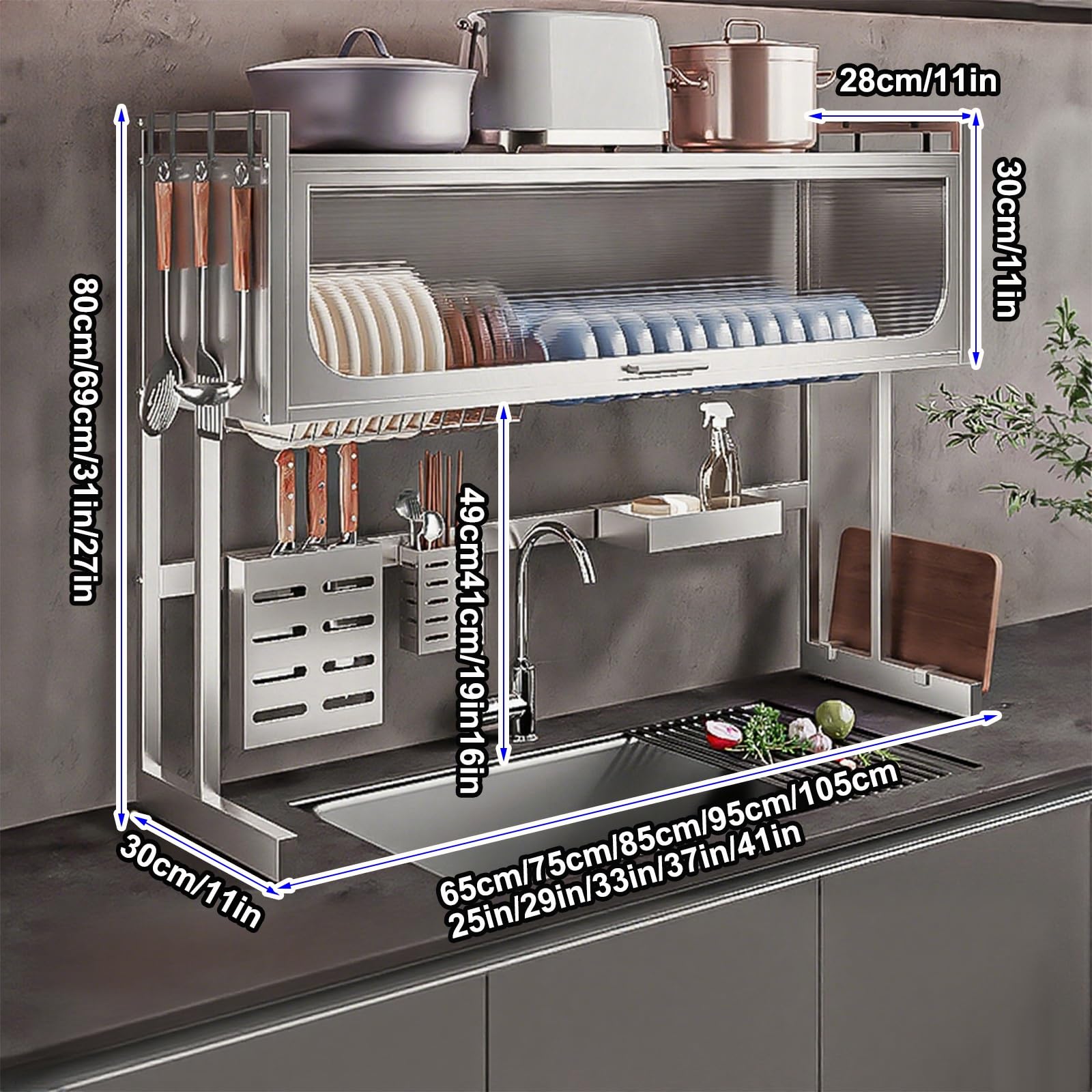 Grand Égouttoir À Vaisselle De Cuisine, Égouttoir À Vaisselle, Égouttoir À Vaisselle En Acier Inoxydable 304, Égouttoir À Vaisselle Avec Couvercle(Original color - height 69cm/27in,105cm/41in)
