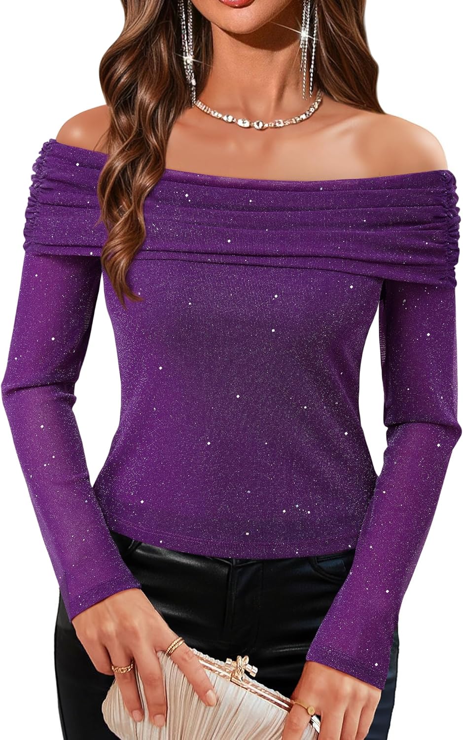 Women's Off The Shoulder Long Sleeve Sexy Slimming Chiffon Sheer Mesh Ruched Blouse Tops