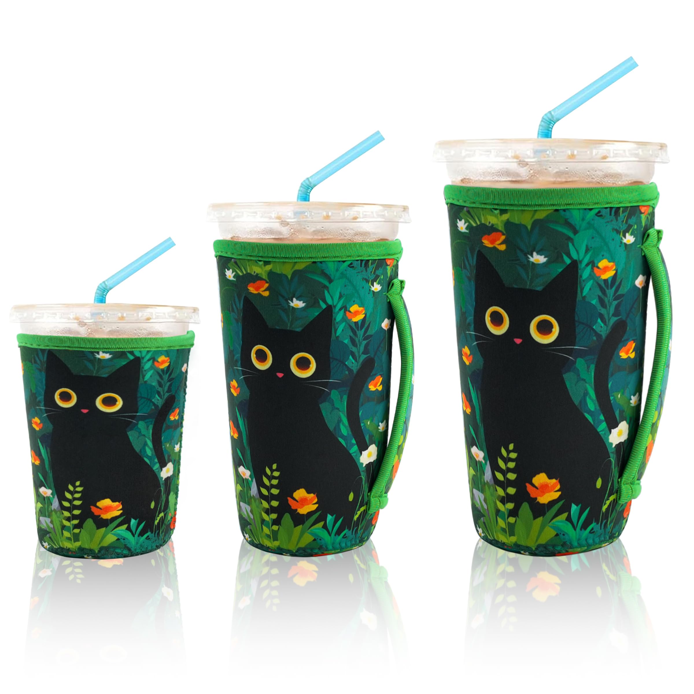 KJQJLY 3 Pack Reusable Iced Coffee Sleeves for Iced Coffee Cups or Drinks Reusable Neoprene Insulated Sleeves for Hot and Cold Drinks from Starbucks, Dunkin, And More (Black Cat)