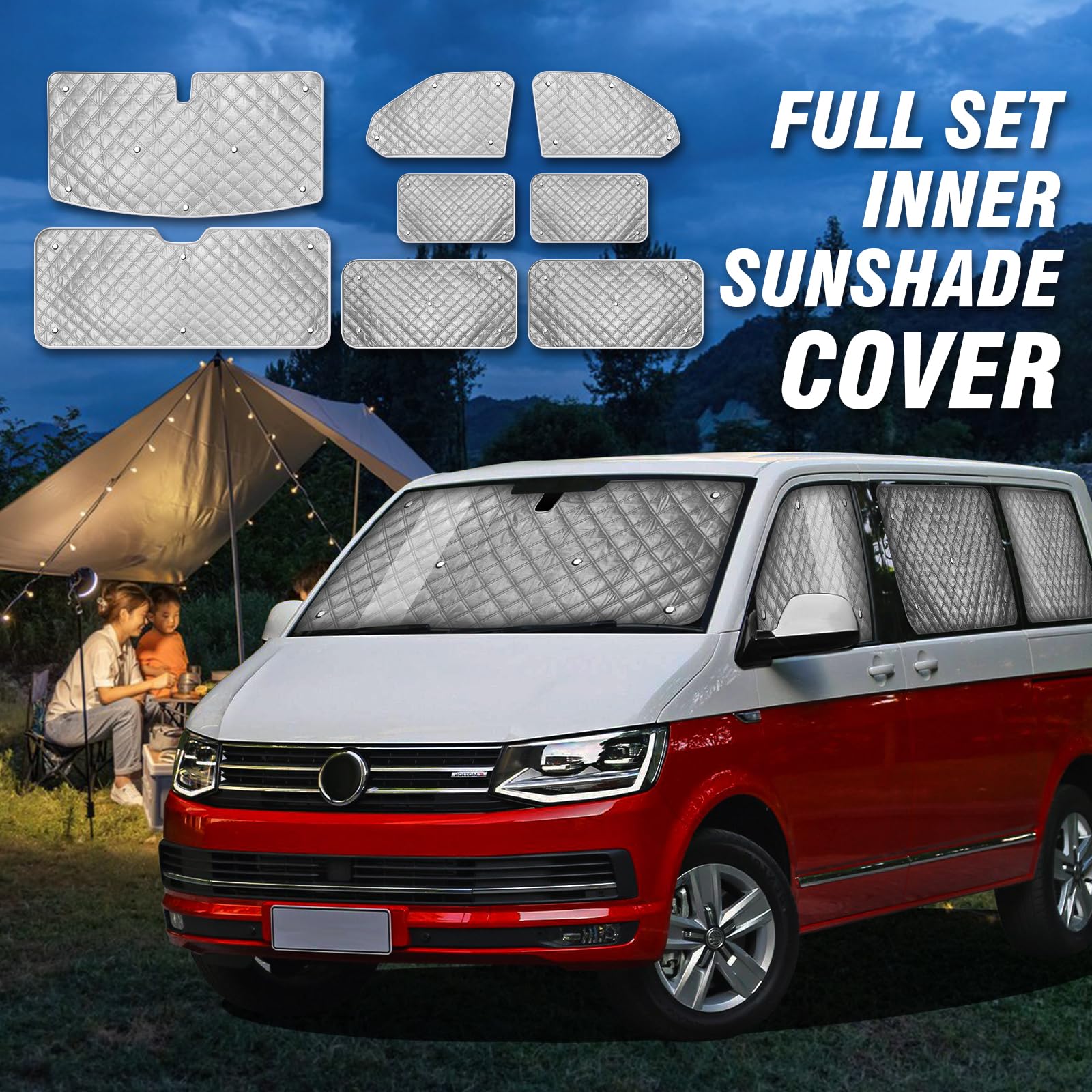 MaxAwe Ensemble de 8 pièces de stores thermiques internes pour VW T5/T6 LWB, kit de protection solaire de luxe, housse de protection pour pare-brise avant - Protection UV estivale et isolation