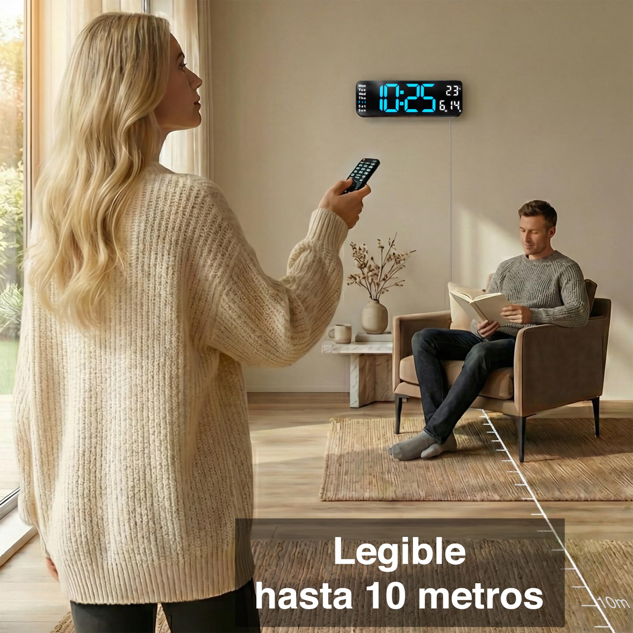 Opis Technology Clock 1 XL – Reloj Digital Pared Grande LED (31cm), Azul/Blanco. Funciona con Cable (No a Pilas). con Mando, Temperatura y Brillo Automático