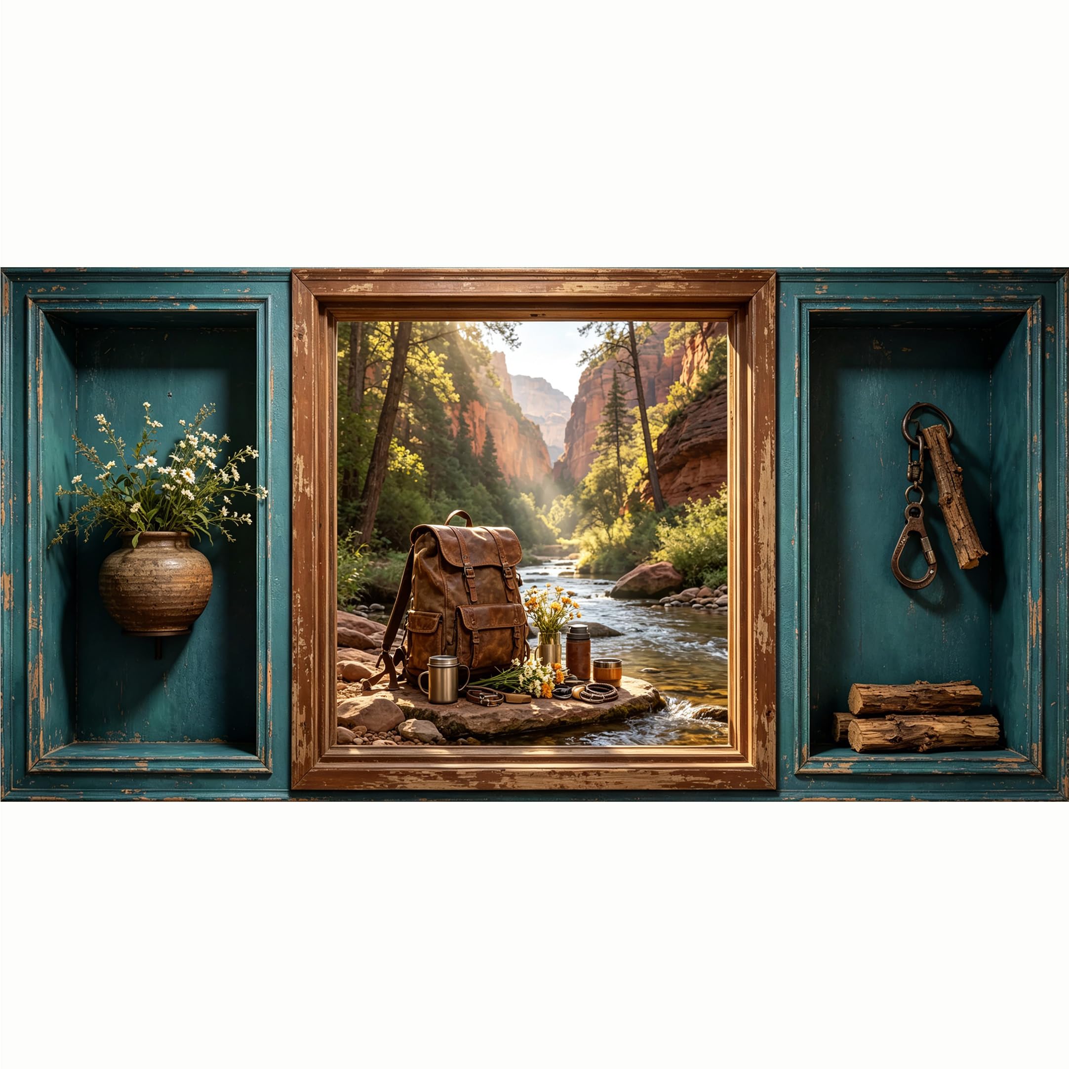 QZLITHOTIC 50x100cm 3D Framed Wall Art， Rustic Mountain River Backpack Wilderness Scenery Self‑Adhesive Mural， Water‑Activated Peel & Stick Fabric Decor Wall Decal for Bedroom Living Room