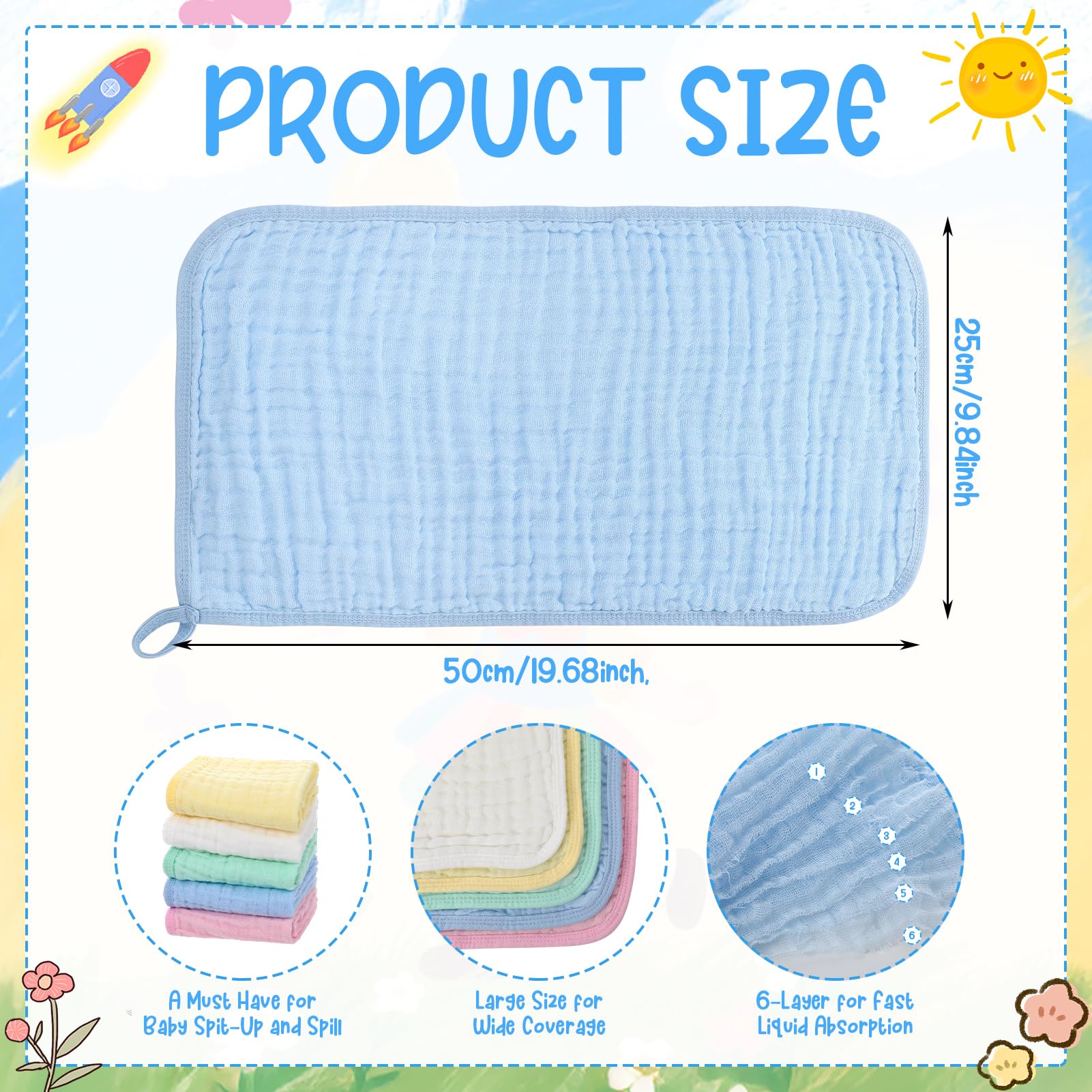 GSrenyu 5 Pack Large Baby Muslin Squares 100% Cotton 50x25cm Muslin Cloths for Newborn Super Soft Absorbent Face Cloths - Image 2