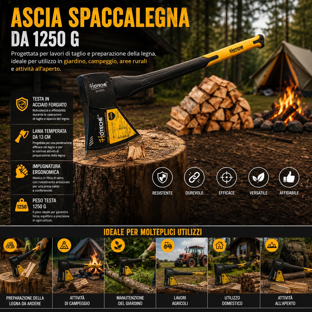 Mazza Accetta Spaccalegna 1250 g Manico 80 cm ABS Antiscivolo Ascia Legna Acciaio Forgiato Lama Temperata 13 cm