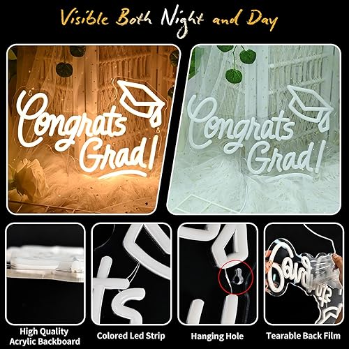 Miniatura 4 de Letrero de neón de Congrats Grad con tapa de graduación, letrero de luz blanca cálida para decoración de pared, letrero LED de felicitaciones de
