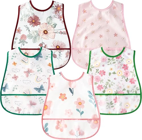 R HORSE Juego de 5 baberos para bebés con bolsillo para atrapar migas y botón a presión, baberos impermeables para bebés de 6 a 24 meses