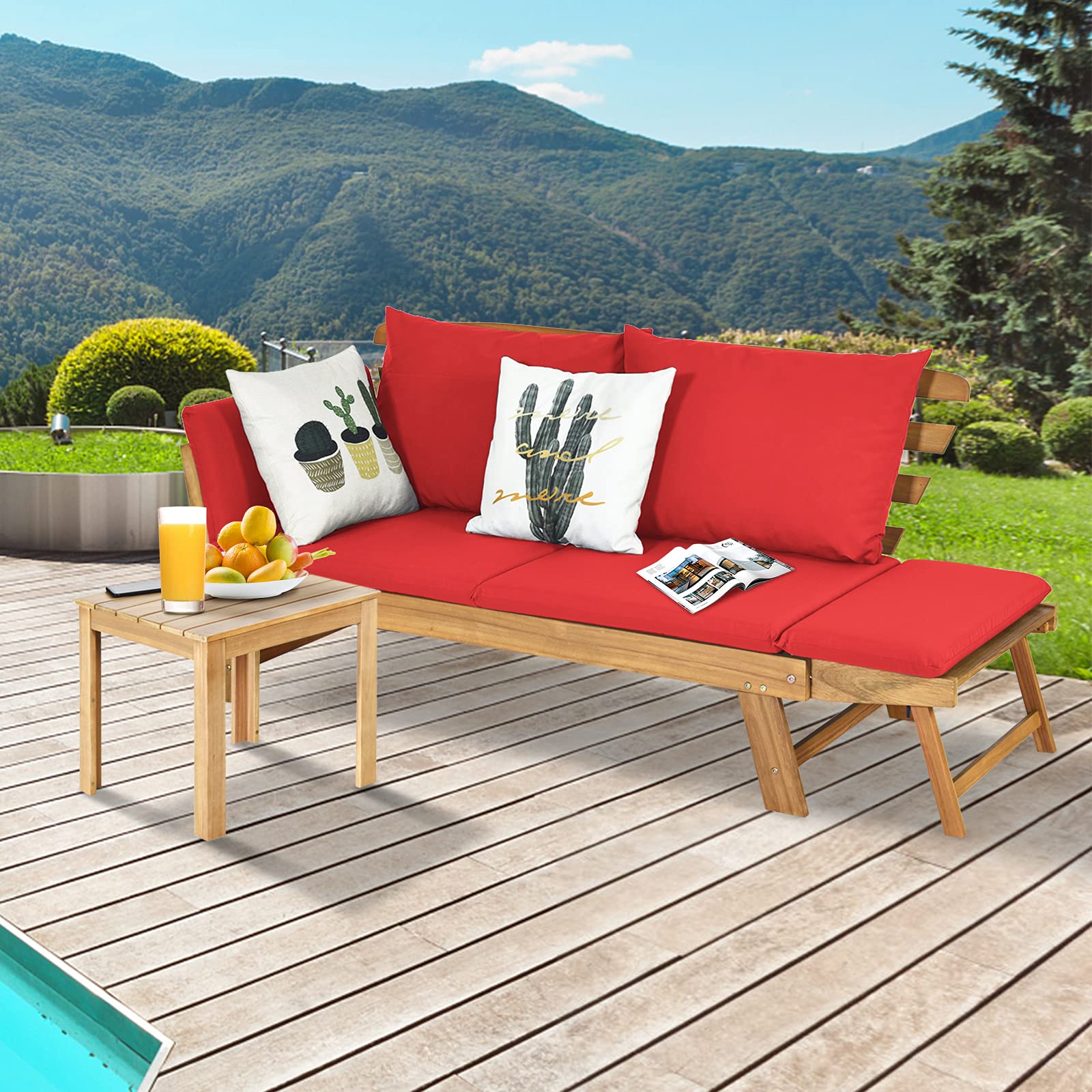 GYMAX 2 in 1 Divano da Esterno 2 Posti, Divano Letto da Giardino con Cuscino, Sdraio da Giardino Pieghevole in Legno con Braccioli Regolabili, Set Divano Giardino, 157-198 x 75 x 75 cm (Rosso)