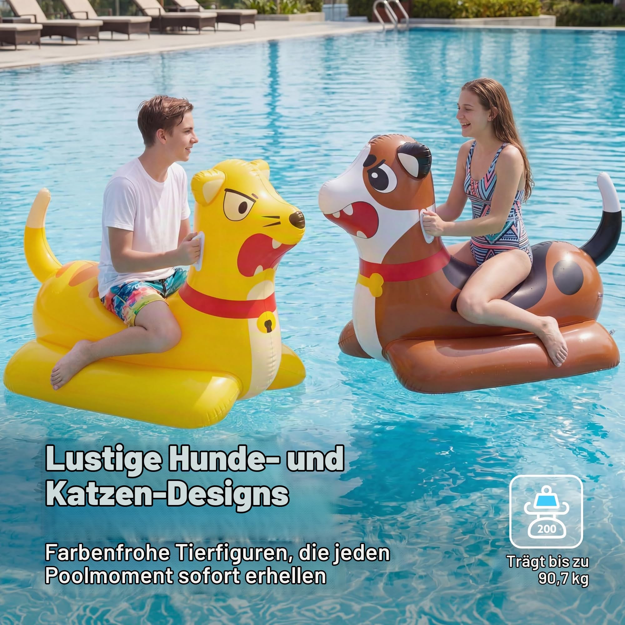 SLOOSH Aufblasbares Luftbett-Poolset für Wasserschlachten–Katze vs.Hund Schwimmplattform,2-in-1 aufblasbare Poolmatratze für Kinder & Erwachsene,lustiges Schwimmspielzeug für Sommer,Poolparty,Garten