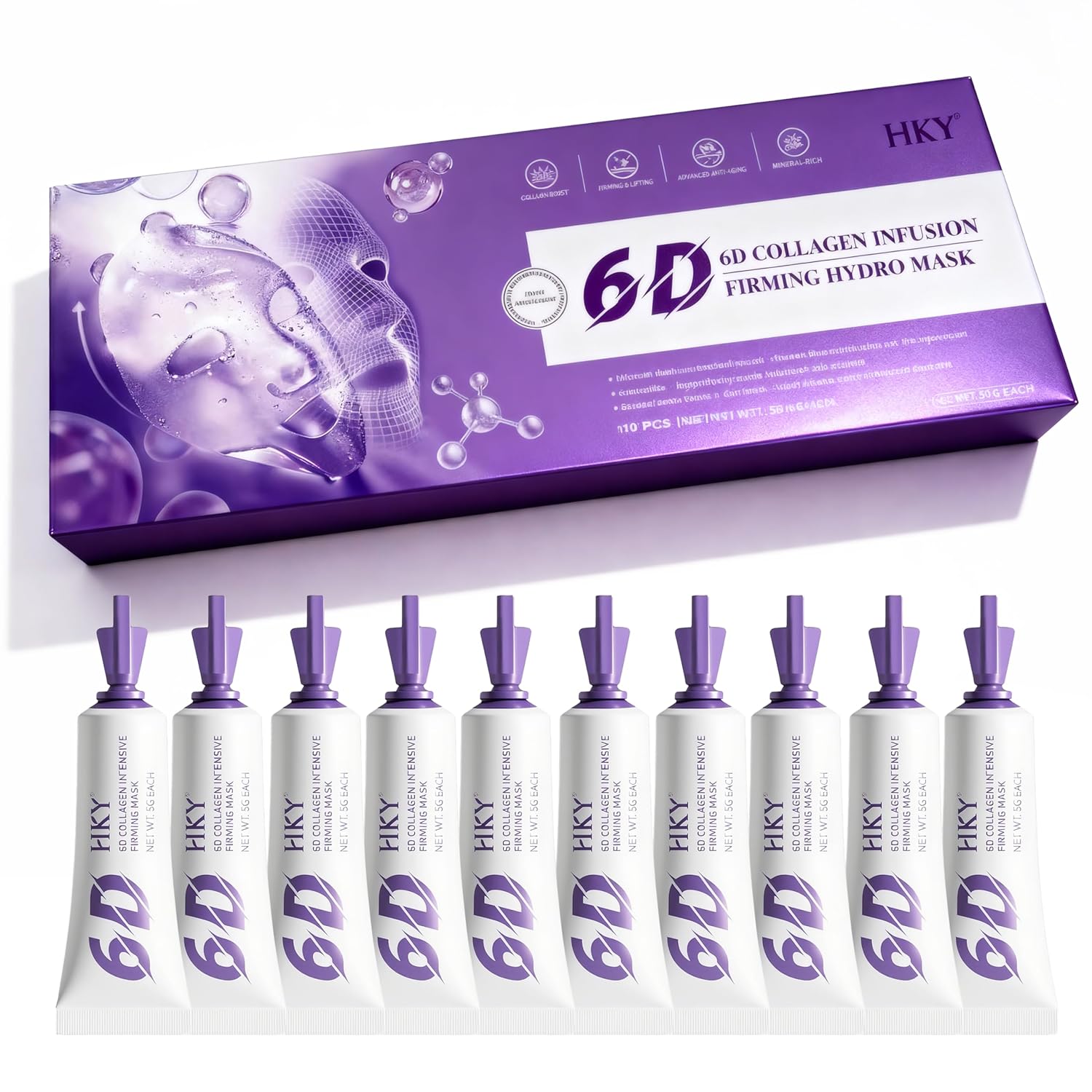 HKY 6D Recombinant Collagen Peel-Off Mask [10 Stick Packs] - Overnight Firming & Glass Skin with Sturgeon Caviar & Crithmum Stem Cells - Portable Travel Size