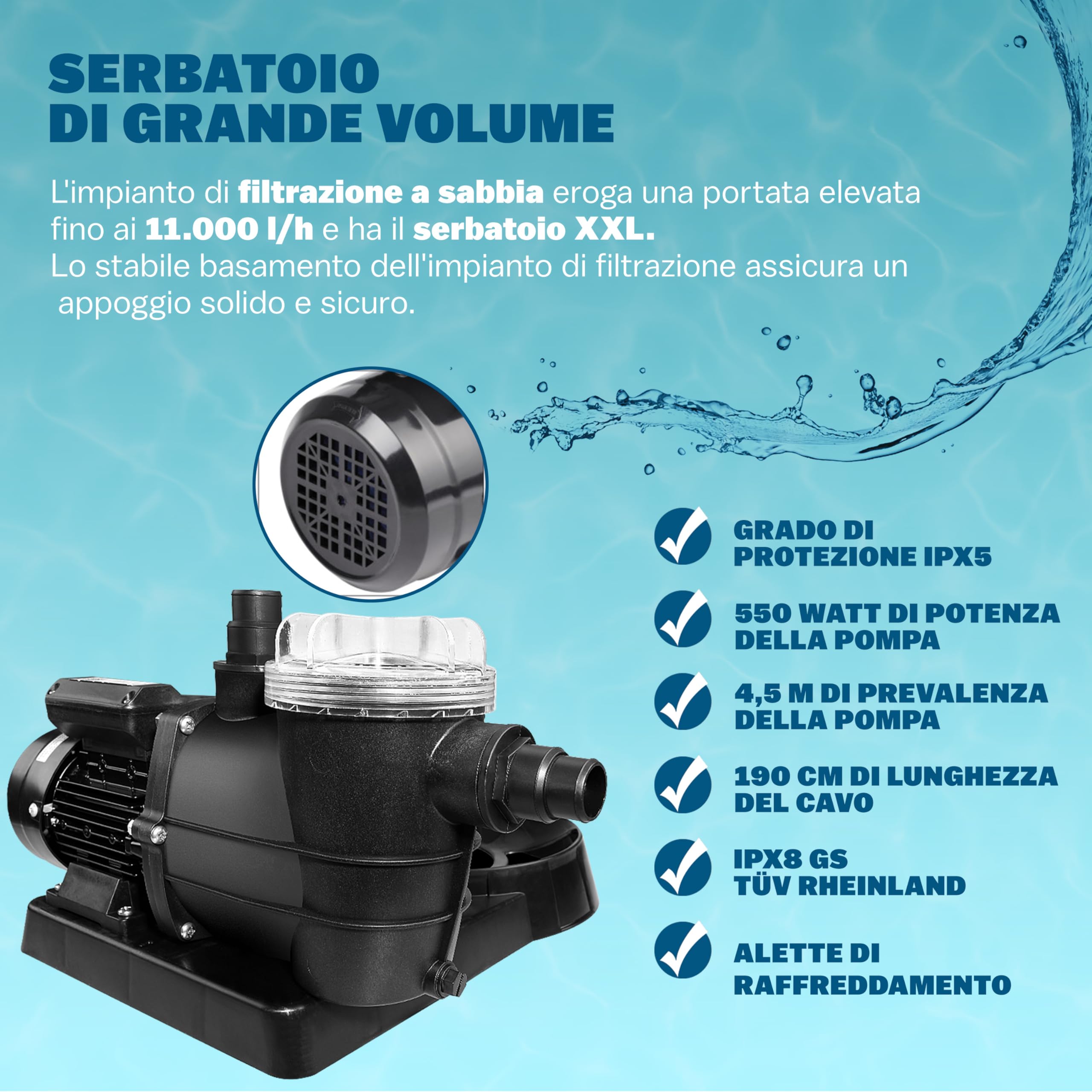 MONZANA Filtro per Piscina con Prefiltro da 13.200L/h | a 7 Vie, IPX5, con Prefiltro, 600W, Serbatoio 30L, Filtrazione a Sabbia,Sistema di Filtraggio, Pompe sabbia, Pompa Piscine