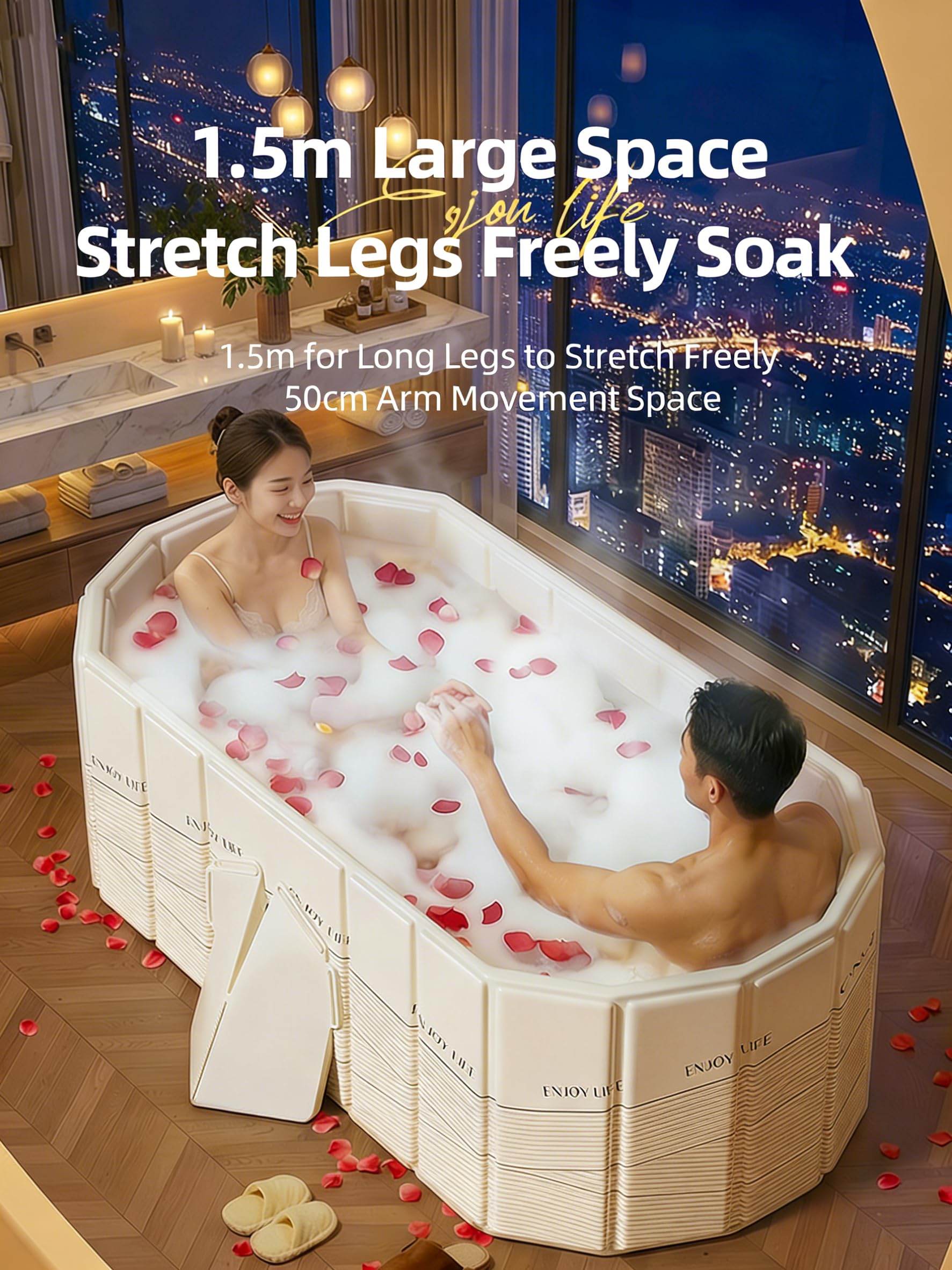 Składana wanna dla dorosłych, 1,5 m, składana, bez instalacji, wanna do kabiny prysznicowej, łazienki, gorącego spa, do rodzinnego prysznica SPA/dla par (150 x 55 x 50 cm)