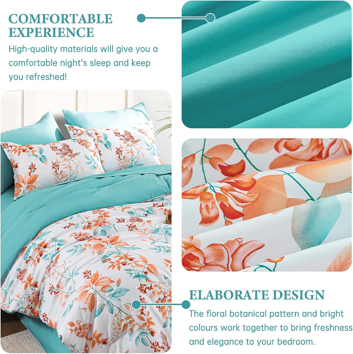 Cottolester Queen Comforter Set- 7 Pieces Floral Comforter Bed in A Bag,Coral Botanical Comforter Set with Pillowcases,Soft Microfiber Complete Bedding Sets for All Season