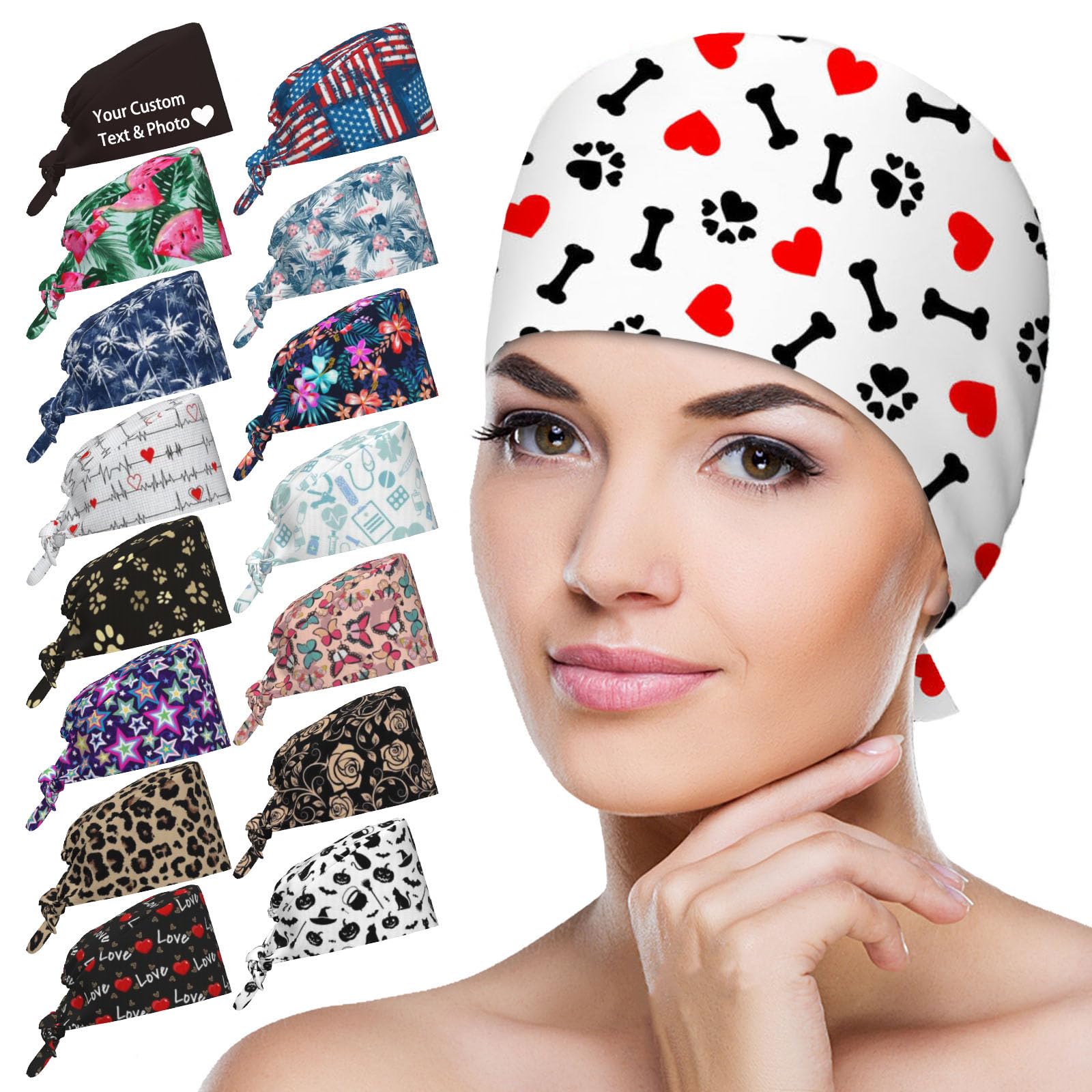 Yananka Scrub Caps for Women Men Custom Surgical Cap Personalized Work Hat Customized with Text Photo Logo, Tie Back