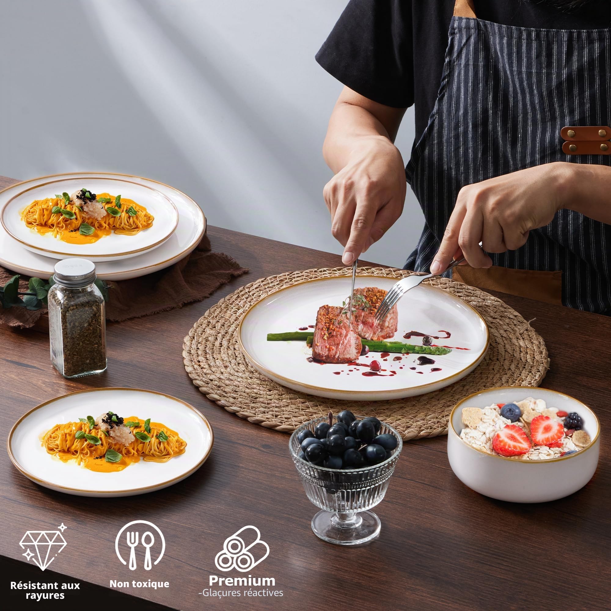 Service de vaisselle pour 6 personnes, Onader Service de table 18 pièces en grès combiné, 6 assiettes, 6 assiettes à dessert, 6 bols à céréales, résistant au lave-vaisselle – Perle Beige