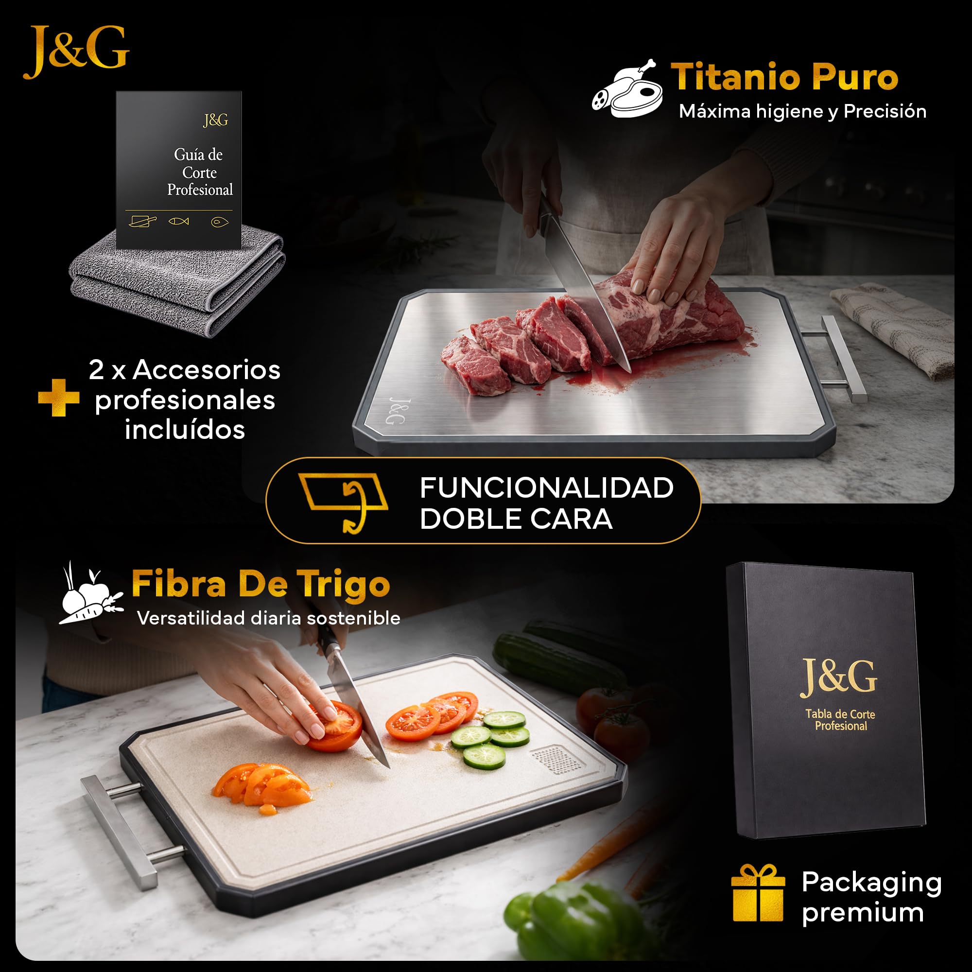 J&G Tabla de Cortar de Titanio 100% Puro y Fibra de Trigo, Doble Cara, Antibacteriana Profesional, Set con Guía de Corte y Bayeta Microfibra, Libre de BPA, Certificación LFGB y SGS (39,3 x 28,2 cm)