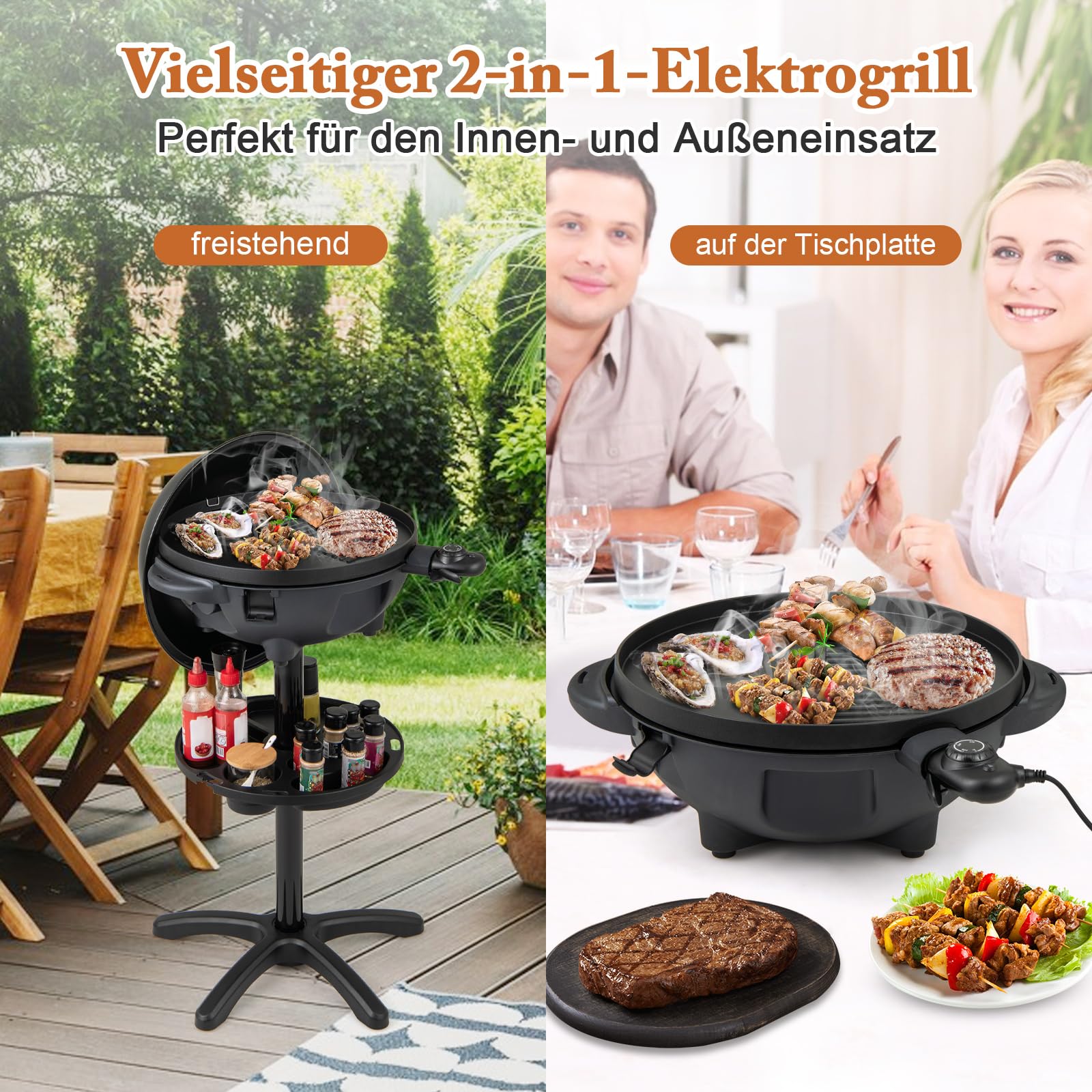 GOPLUS Elektrogrill für Balkon, Standgrill mit einstellbarer Temperatur, 2-Zonen Antihaftplatte, stabiler Tischgrill mit Gewürzregal & Fettauffangbehälter, für Innen- & Außenbereich