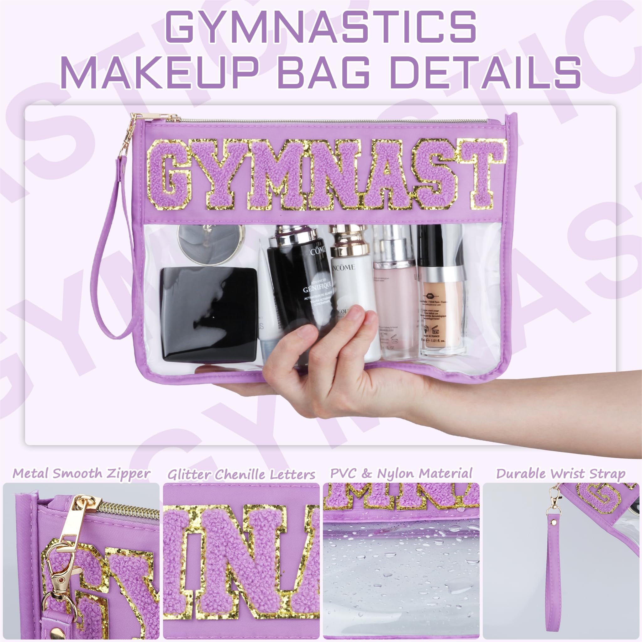 2 Pcs Gymnastics Gifts Cosmetic Makeup Bag with Chenille Letter Patch, Clear Pouch PVC Organizer Purse, Waterproof Travel Bag, Portable Toiletry Storage Bag for Her Girls Friends Women