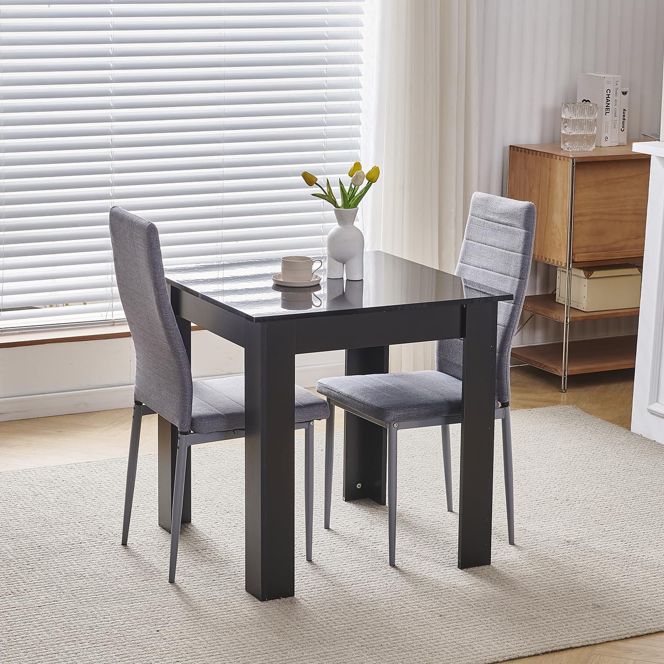 NICEME Compact Dining Table and 2 Chairs, Small Dining Room Set for 2 Seater Kitchen Table with Chairs for Small Space Saving, Glossing Tabletop 75x75 cm (Black Table, 2 Seats, Linen Gray #1) โ image 1
