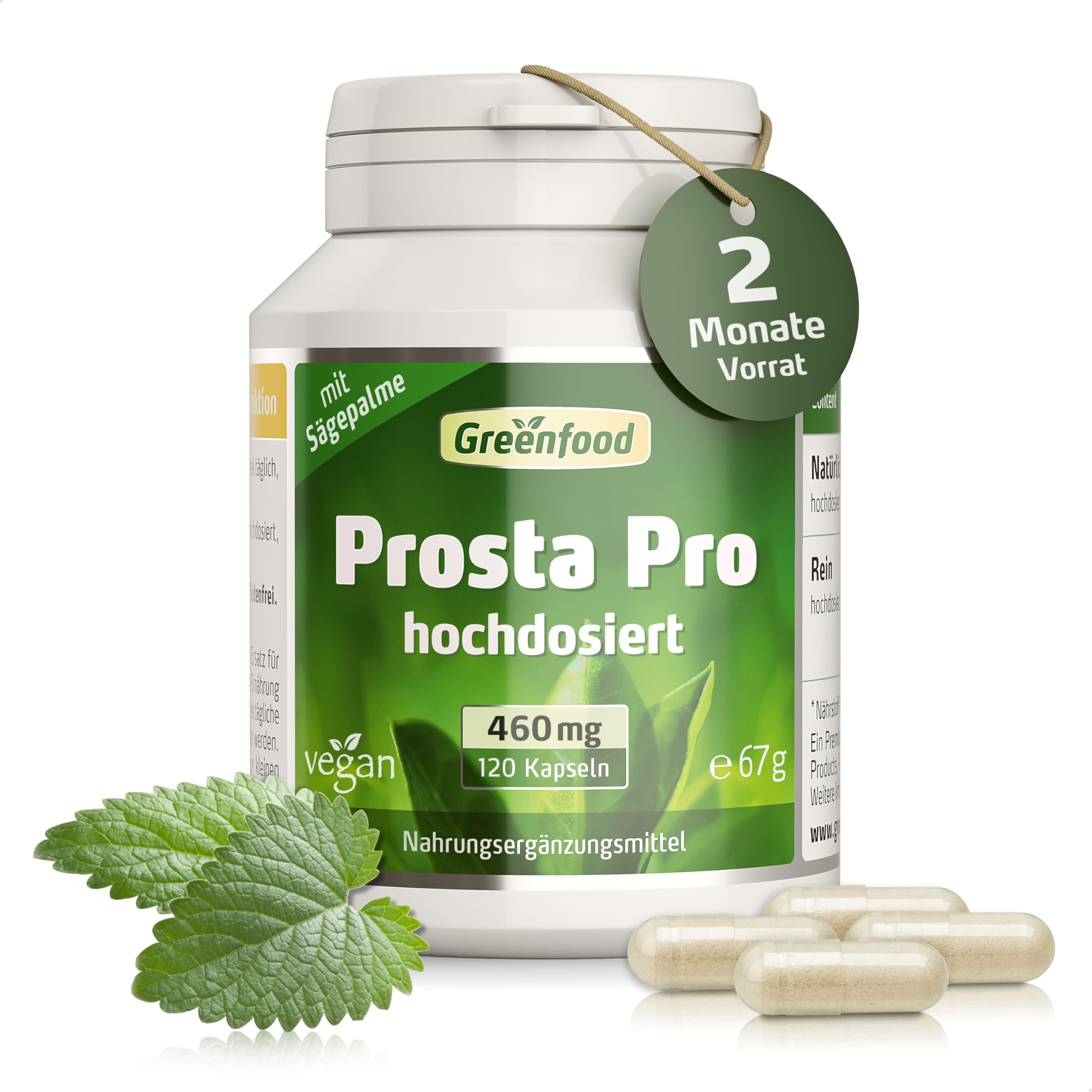 Prosta Pro, 460 mg - 120 Kapseln, vegan. Hochdosierte, reichhaltige Formel - mit Sägepalme, Zink, Selen u.a. OHNE künstliche Zusätze - laborgeprüft. Von Greenfood.