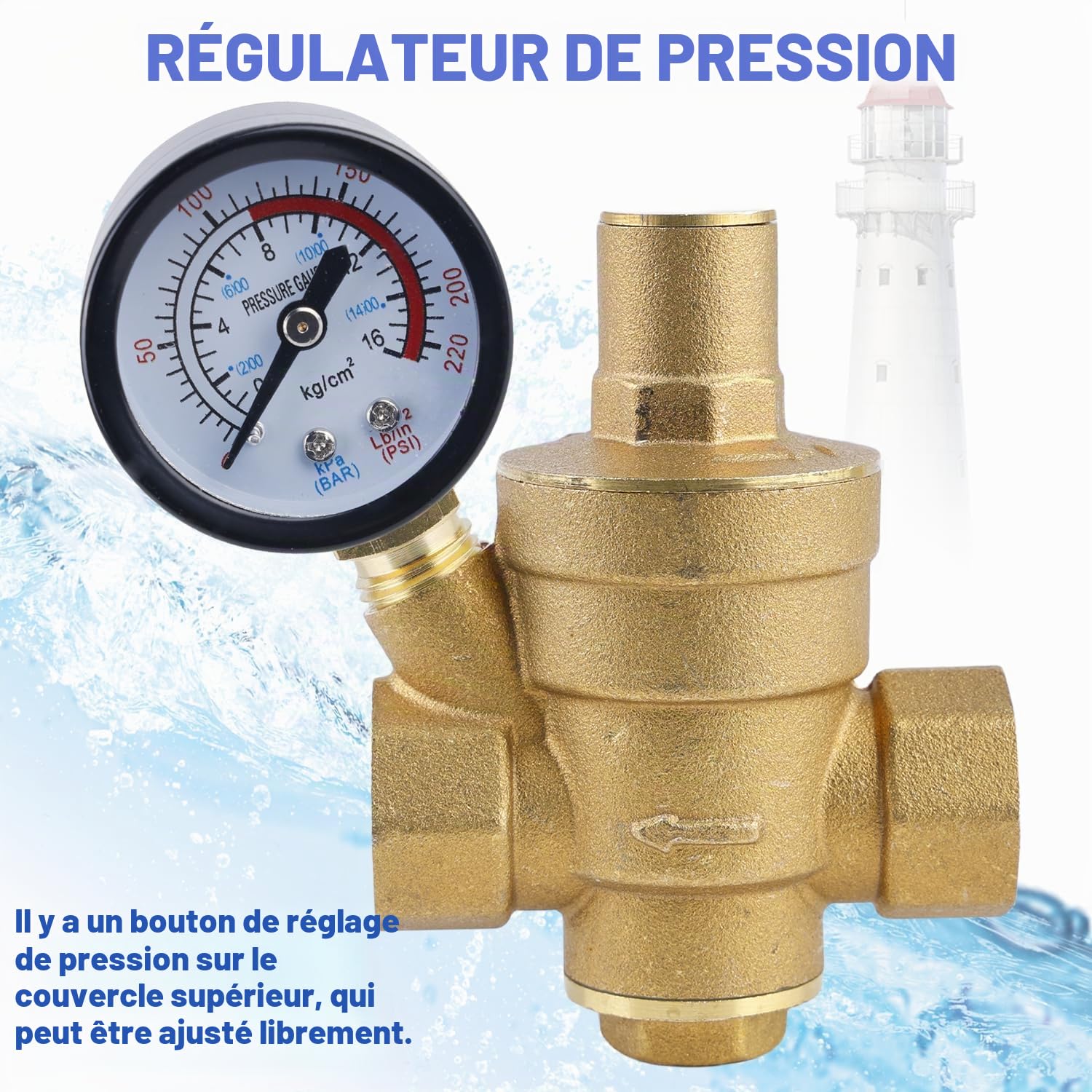 Réducteur de pression d'eau 1/2 pouce DN15, avec manomètre et soupape de réduction de pression