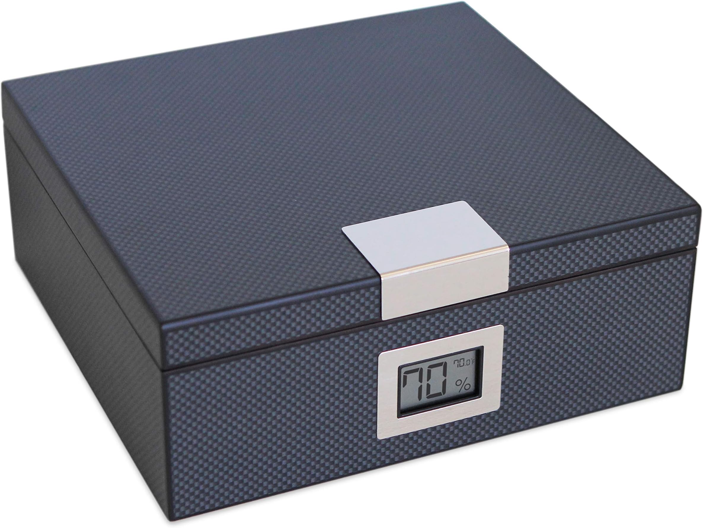 CASE ELEGANCE Carbon Fiber Design Handcrafted Modern Cedar Humidor with Front Digital Hygrometer and Humidifier Solution - Holds (25-50 Cigars) (Black)