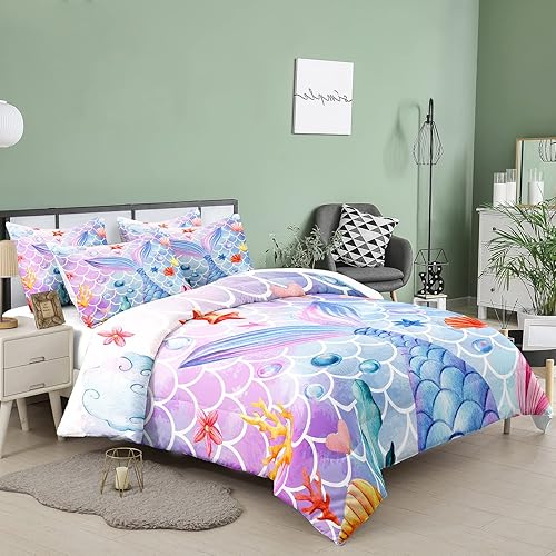 Miniatura 3 de NINENINE Juego de ropa de cama tamaño matrimonial de 5 piezas para niñas, juego de edredón de sirena para niñas de princesa con purpurina (1edredón,