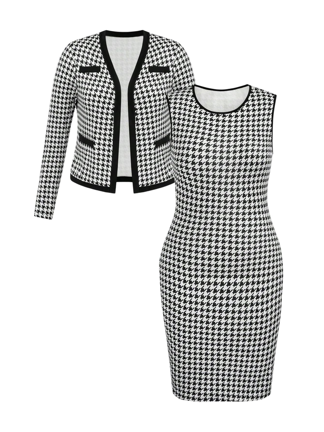 Womens Plus Size Business Casual Outfits 2 Piece Houndstooth Sets Bodycon Dress with Open Front Cardigan