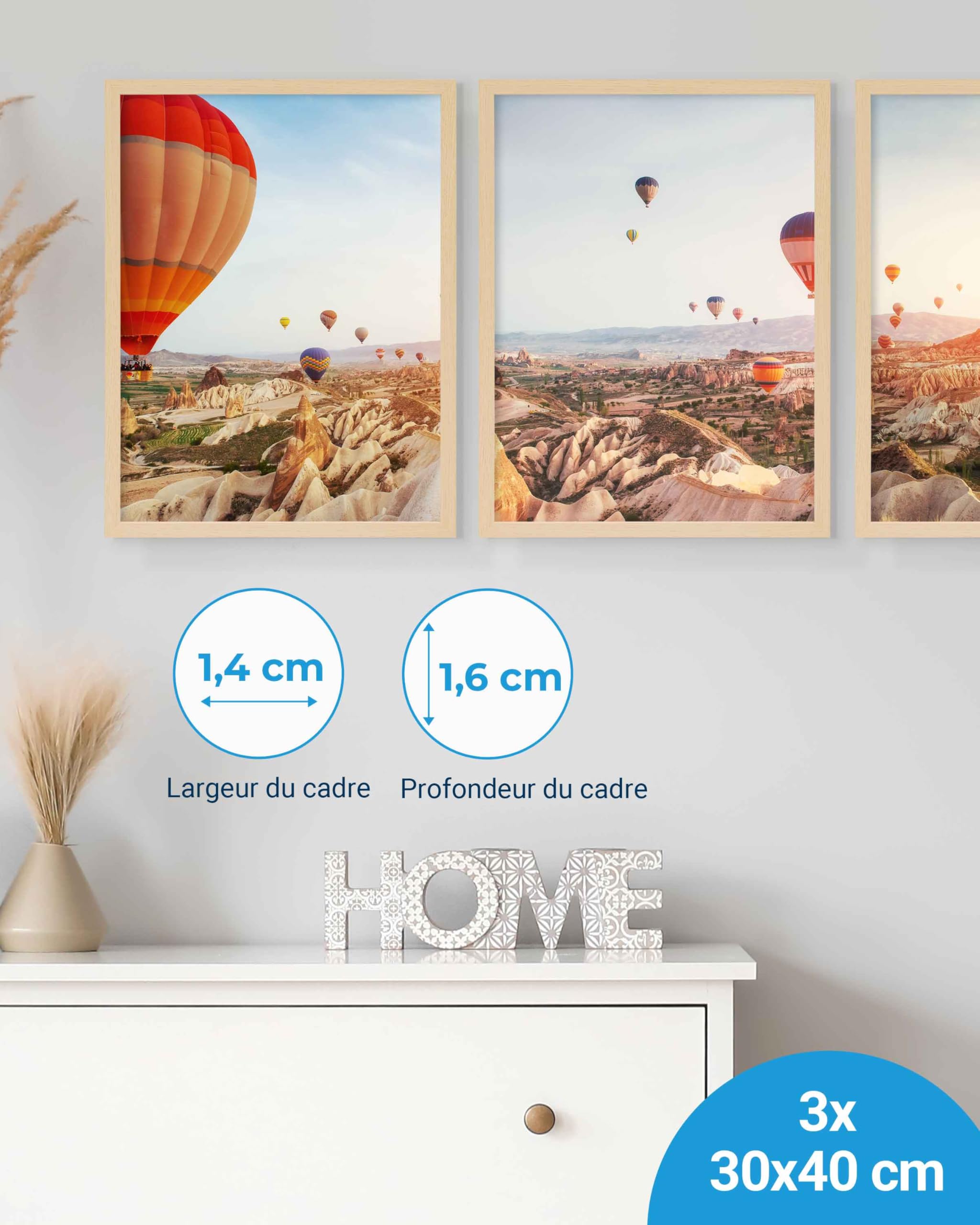 PHOTOLINI Cadre 30 x 40 bois MDF naturel, lot de 3 cadres photo 30x40 pour posters, picture frame 40x30, verre acrylique incassable, décoration murale à suspendre, avec accessoires supplémentaires