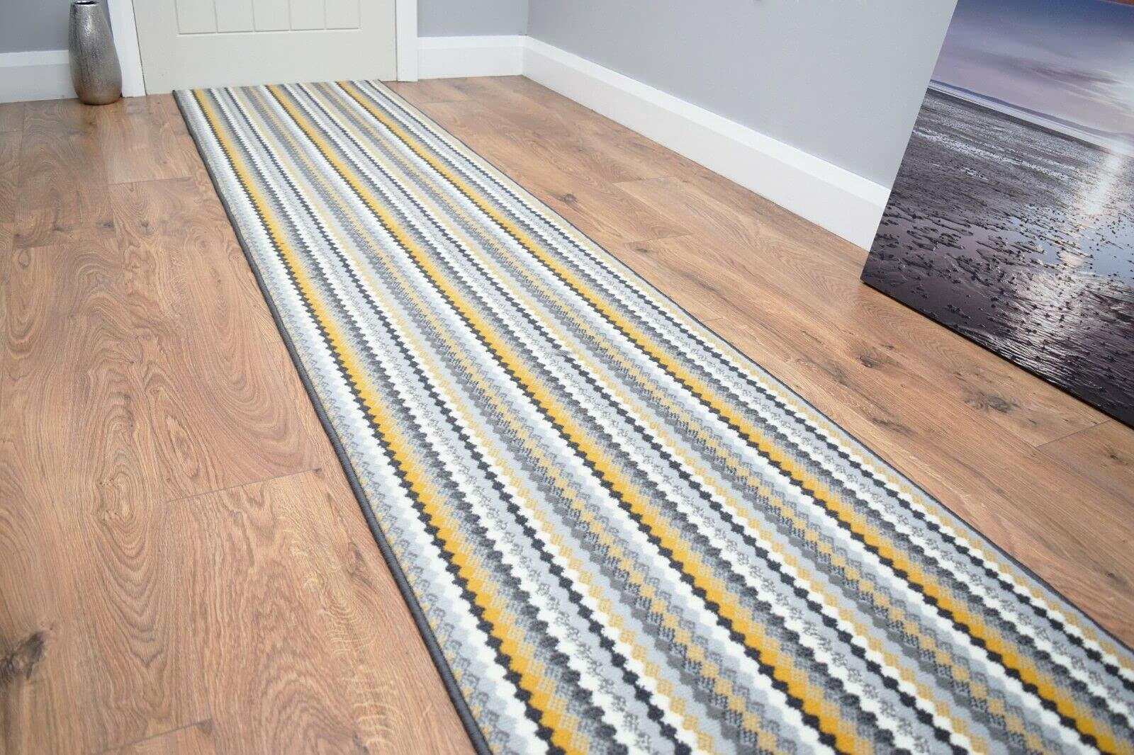 SrS Rugs® Luna Collection, Modern Long Carpet Runner Rug for Entrance Hall and Stairs. Smooth Soft 8mm Depth Pile. 70cm Wide. Any length (Gold Stripe, Length: 8' (244cm)) — image 1