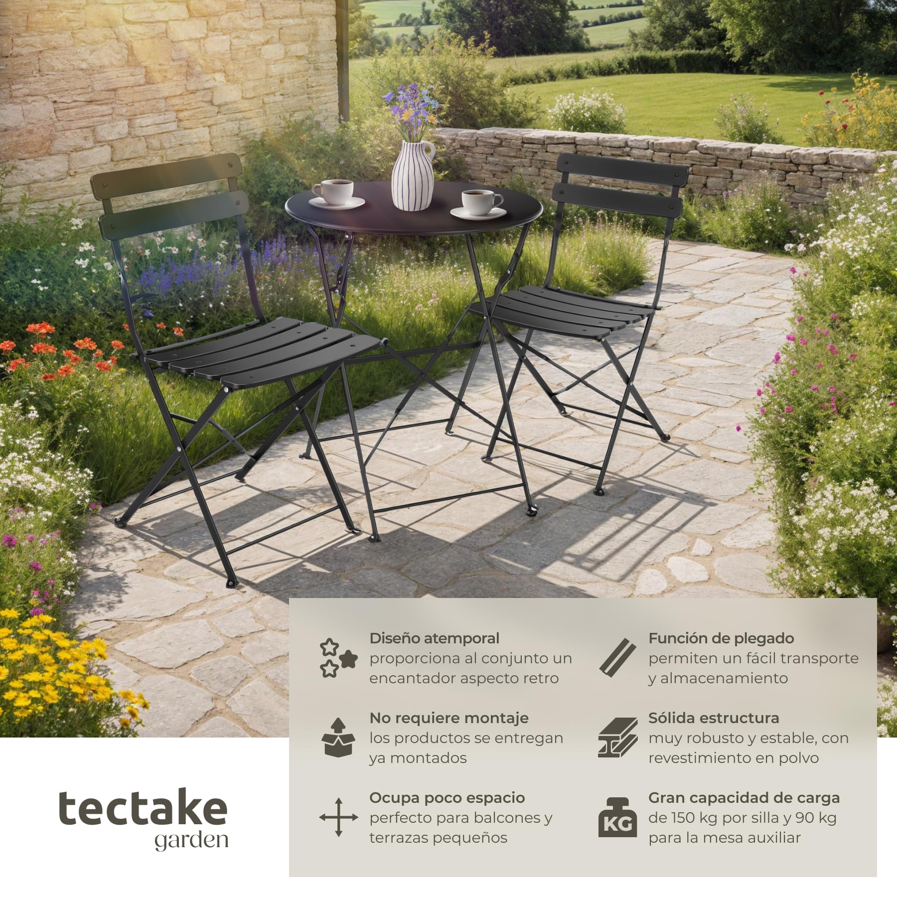 tectake® Conjunto Muebles Jardín Exterior de Mesa de Bistró y 2 Sillas, Plegables, Tapas Antideslizantes, Mesa y Sillas Terraza Estilo Retro con Estructura de Acero, Ideal Balcones Pequeños - Negro