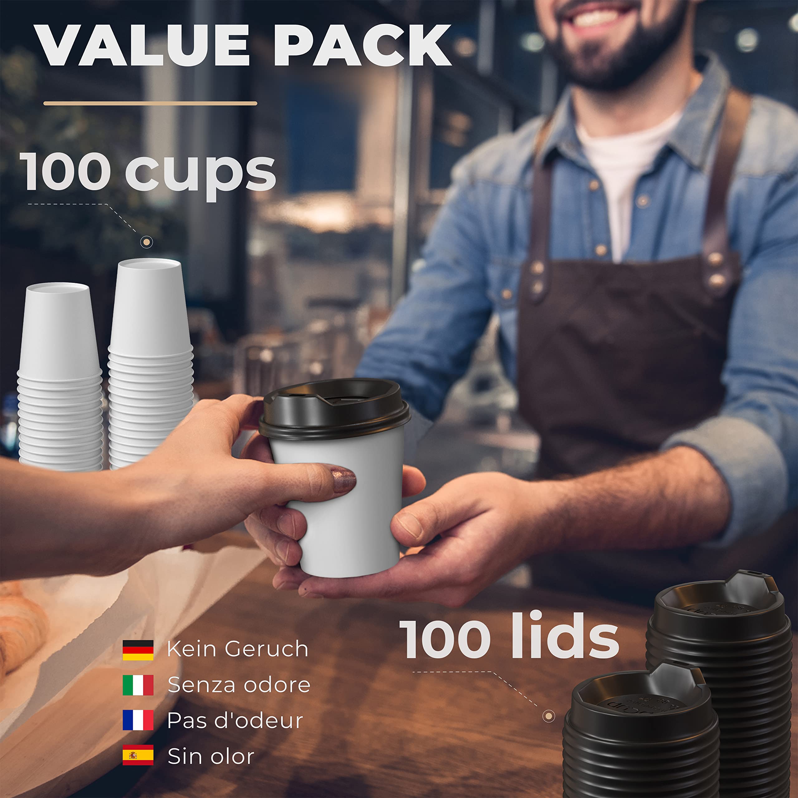 100 białych papierowych kubków z pokrywką 240 ml na kawę do zabrania ze sobą