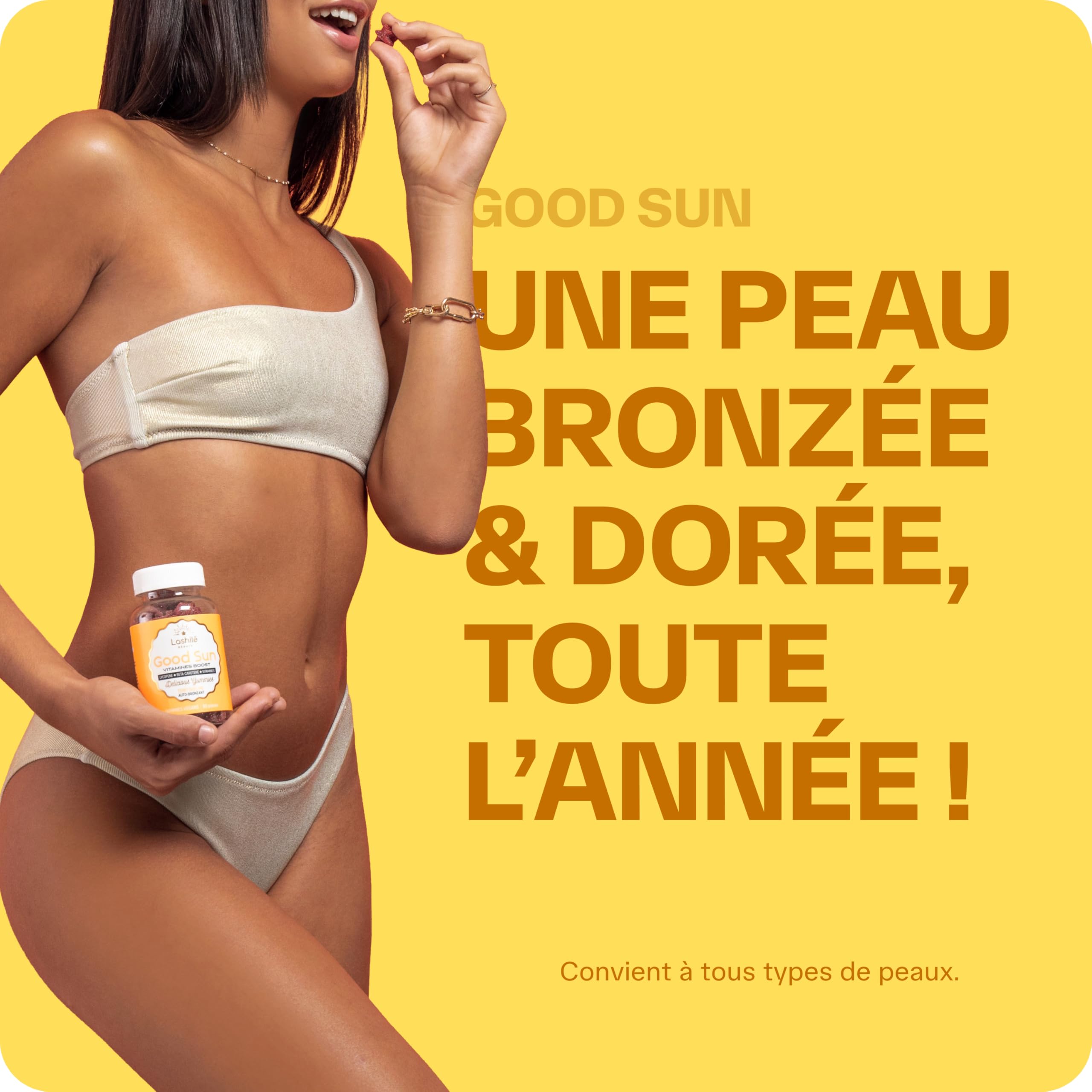 Lashilé Beauty - Gummies Solaire - Autobronzant Préparateur & Accélére le bronzage - Good Sun - Complément Alimentaire Solaire -Vitamine E & A Bêta-carotène - Cure 1 mois 60 Gummies