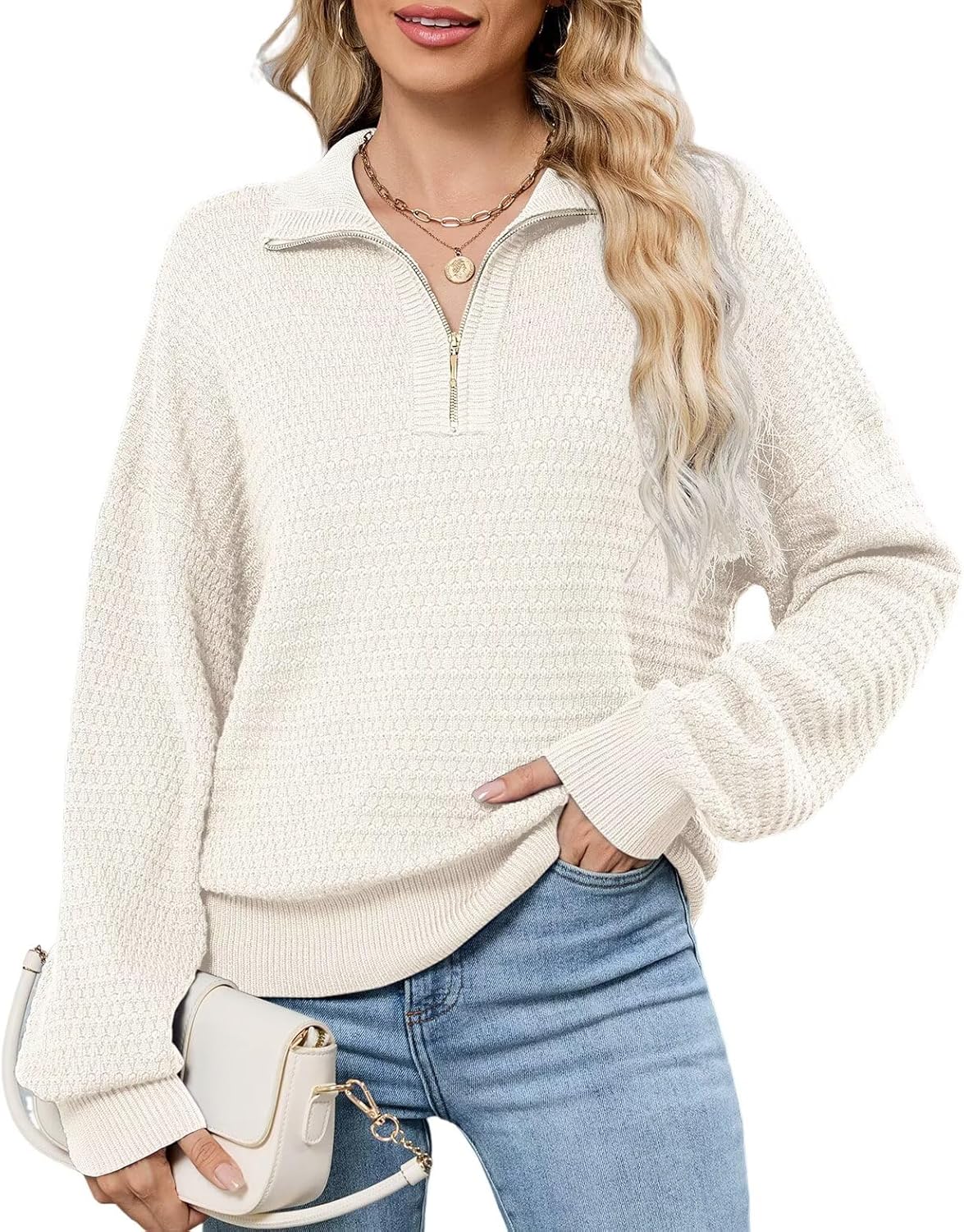 ZAFUL Womens Sweaters Quarter Zip Pullover V Neck Collar Long Sleeve Knit Sweater - Image 2
