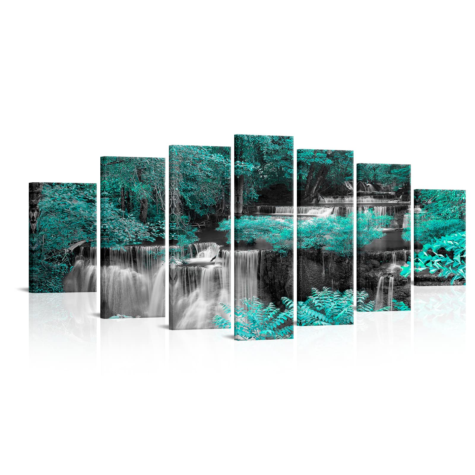LevvArts Extra Large Waterfall Canvas Wall Art Teal Green Trees Forest Landscape Painting Picture Prints Black and White Turquoise Living Room Kitchen