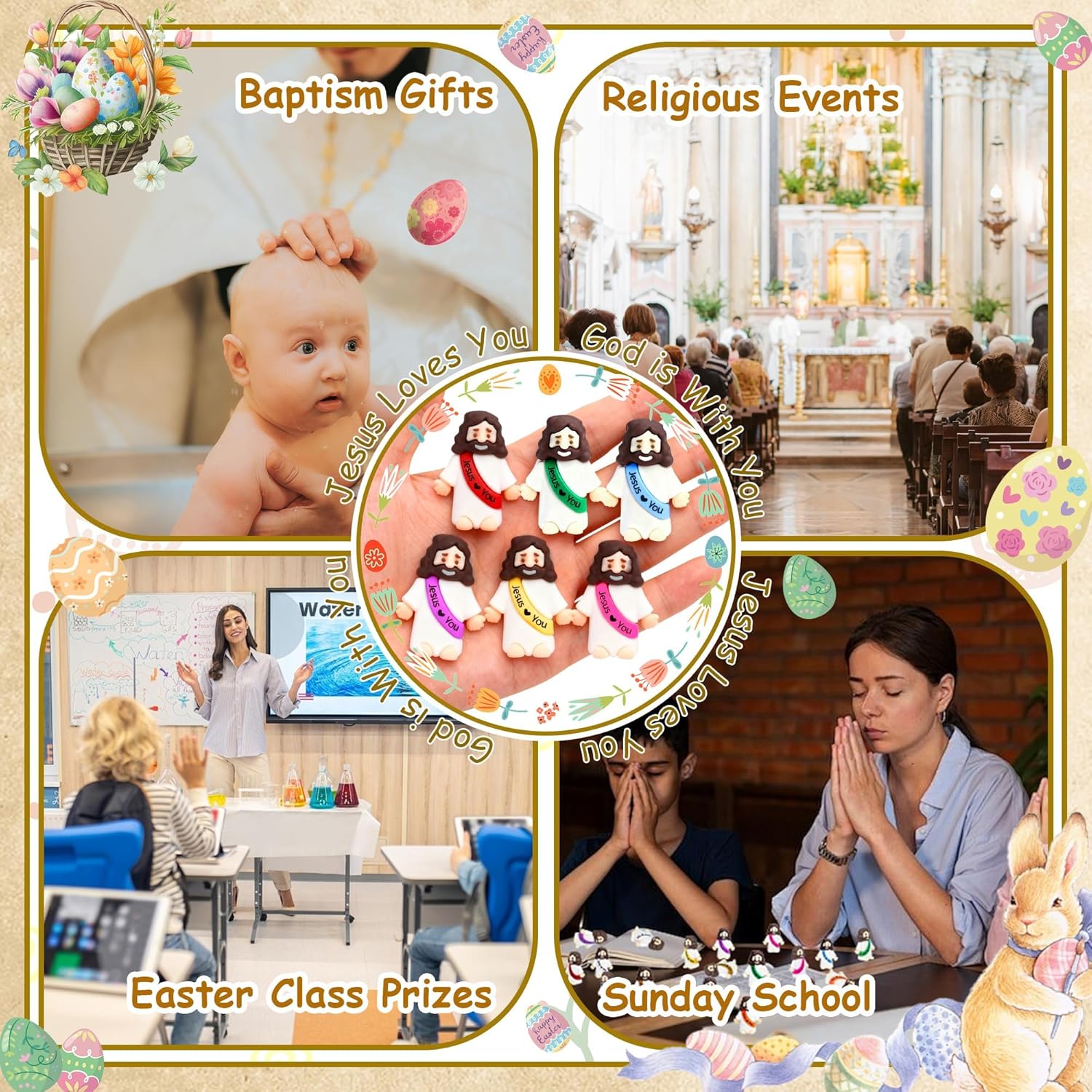 420 Pcs Mini Jesus Figurines in Bulk, Easter Little Jesus Figures With Mini Canvas Bag, Rubber Tiny Baby Jesus Loves You Figures Christ Toys for Hide and Seek Easter Egg Fillers Party Favors Gifts