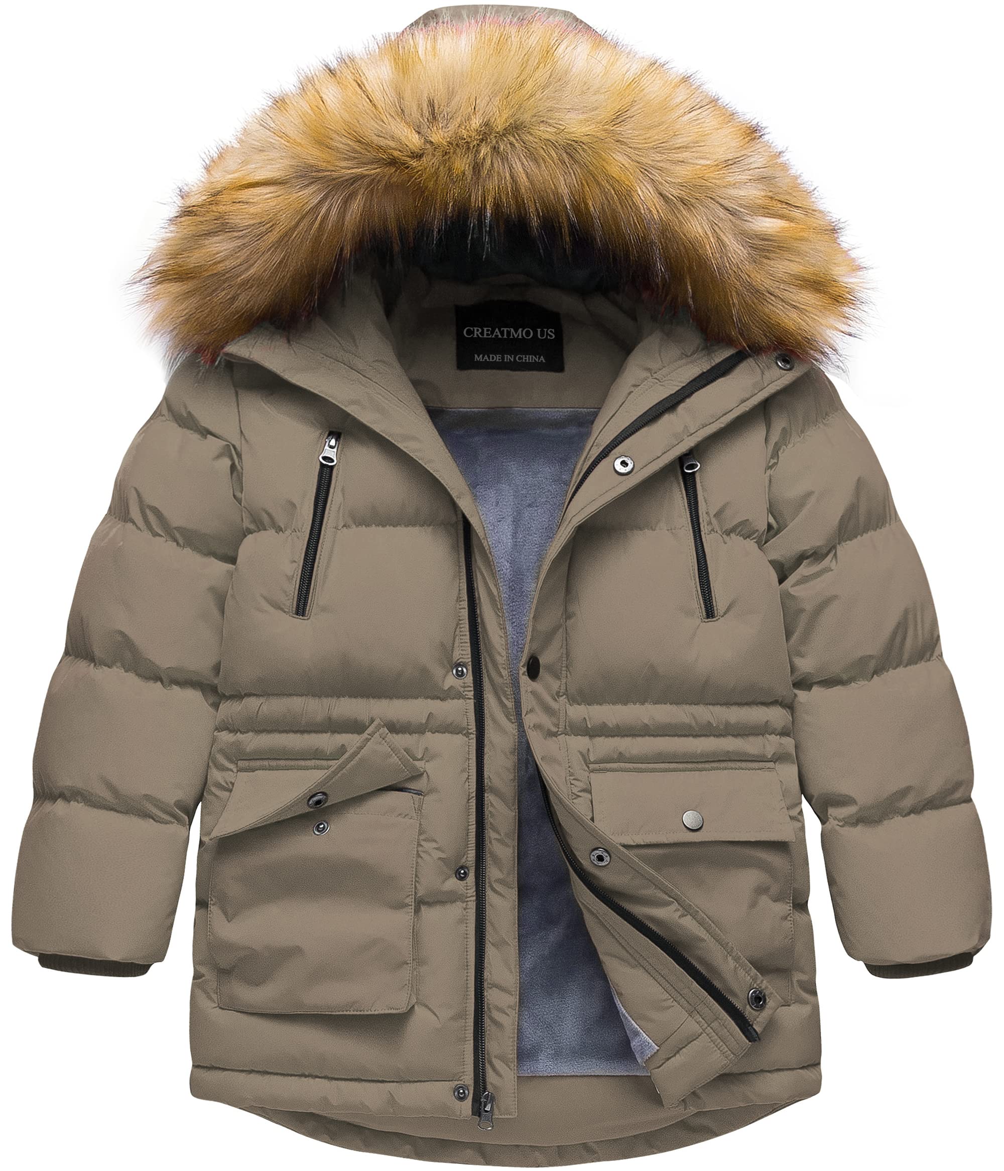 CREATMO US Boy's Winter Parka Water Resistant Hooded Puffer Fleece Lined Jackets Coats