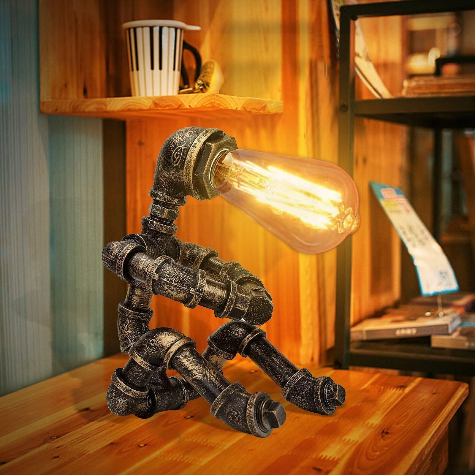 PIPRE Steampunk Lamp - Retro Lamp, Industrial Antique Iron Metal Robot Pipe Desk Table Lamp for Room Decor DIY Men's Boys Nerdy Christmas Birthday New Year Xmas Gifts(Not Included Bulb)