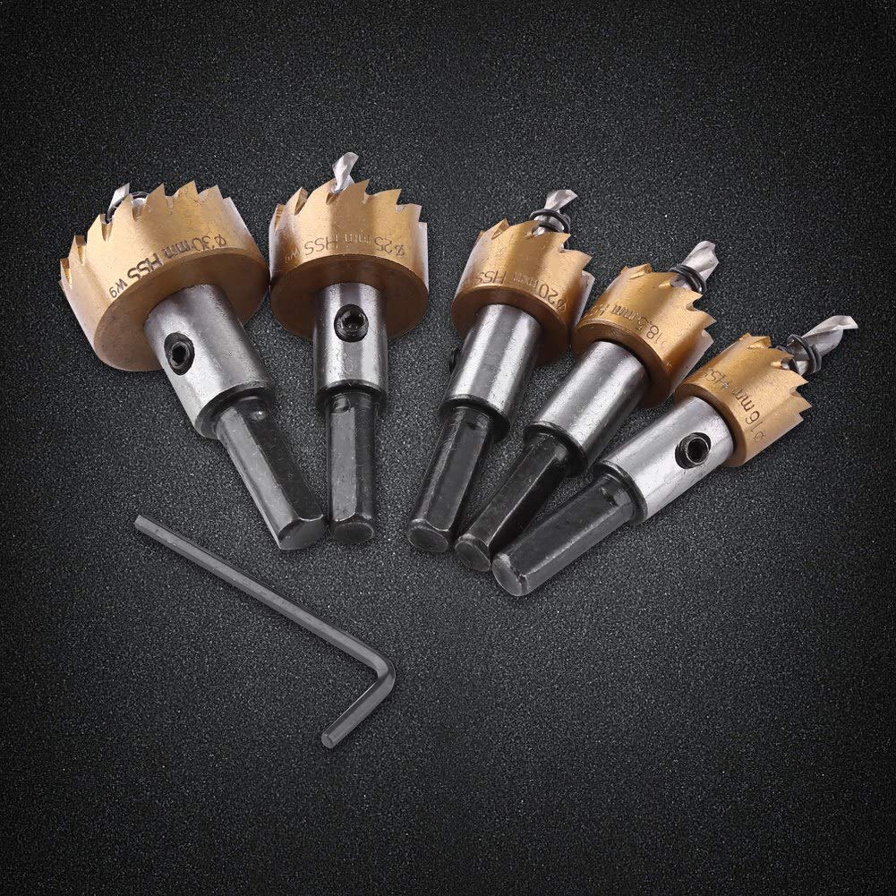 5pcs HSS High Speed Steel Hole Saw Drill Bit Set Professional Metalworking Cutter Tool Kit for Stainless Steel Aluminum Wood (16/18.5/20/25/30mm)