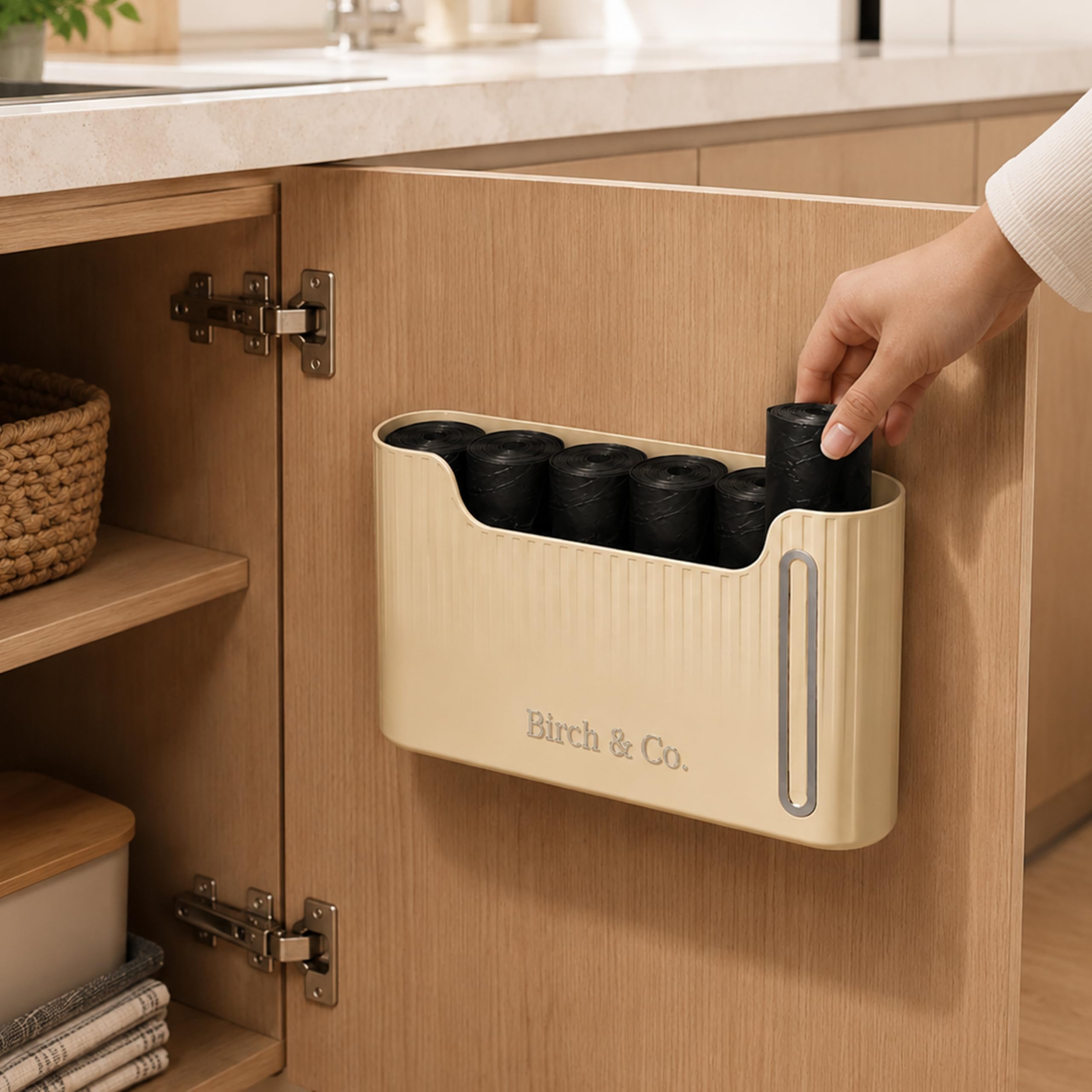 Birch & Co. Wall Mounted Garbage Bag Holder and Dispenser, No-Drilling Self-Adhesive Trash Bag Polythene Holder for Kitchen Cabinet Door, Plastic Trash Bag Dispenser for Bathroom, Cream-image-23