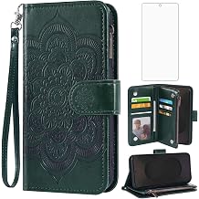 Asuwish Phone Case for Samsung Galaxy S25 FE 5G Wallet Cover with Tempered Glass Screen Protector and Flower PU Leather Flip Credit Card Holder Cell Accessories S 25 EF S25FE 25S 25FE Women Dark Green